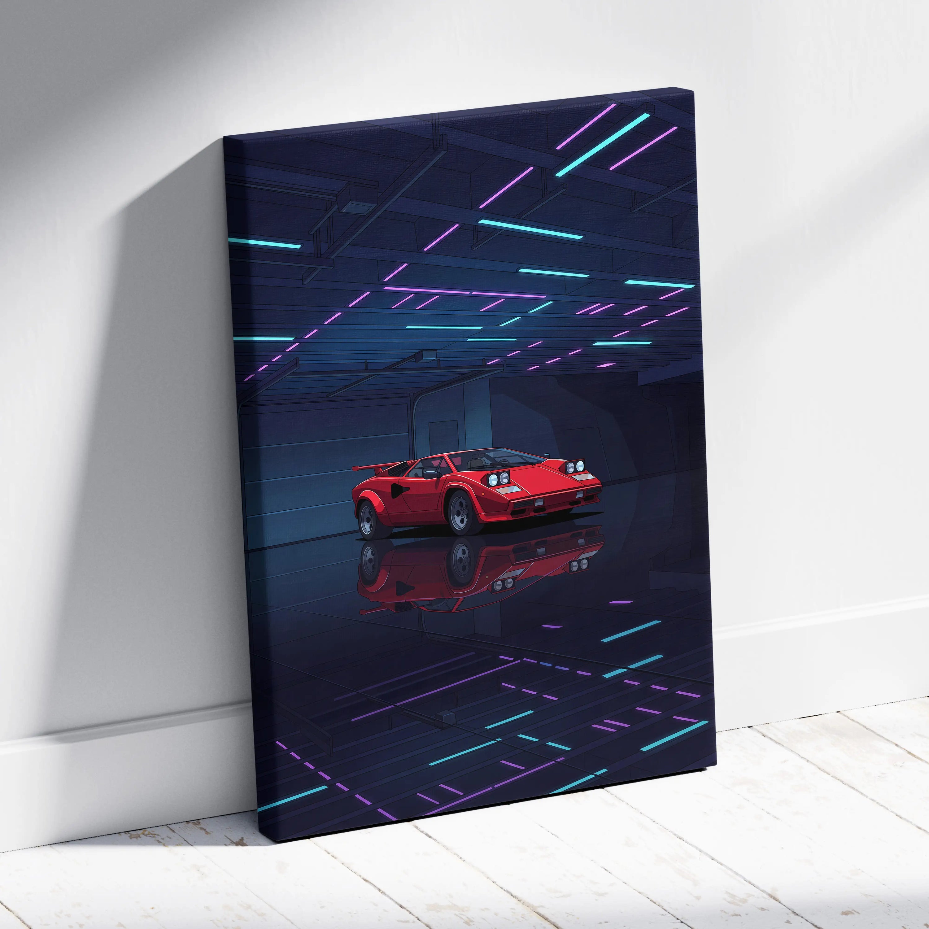 Lamborghini Countach Inspired Red Blue Canvas Wall Art, Vaporwave Supercar Artwork, Neon Garage Decor, Retro Futuristic Exotic Car Print