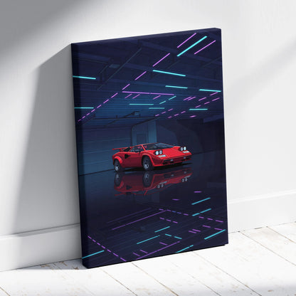 Lamborghini Countach Inspired Red Blue Canvas Wall Art, Vaporwave Supercar Artwork, Neon Garage Decor, Retro Futuristic Exotic Car Print