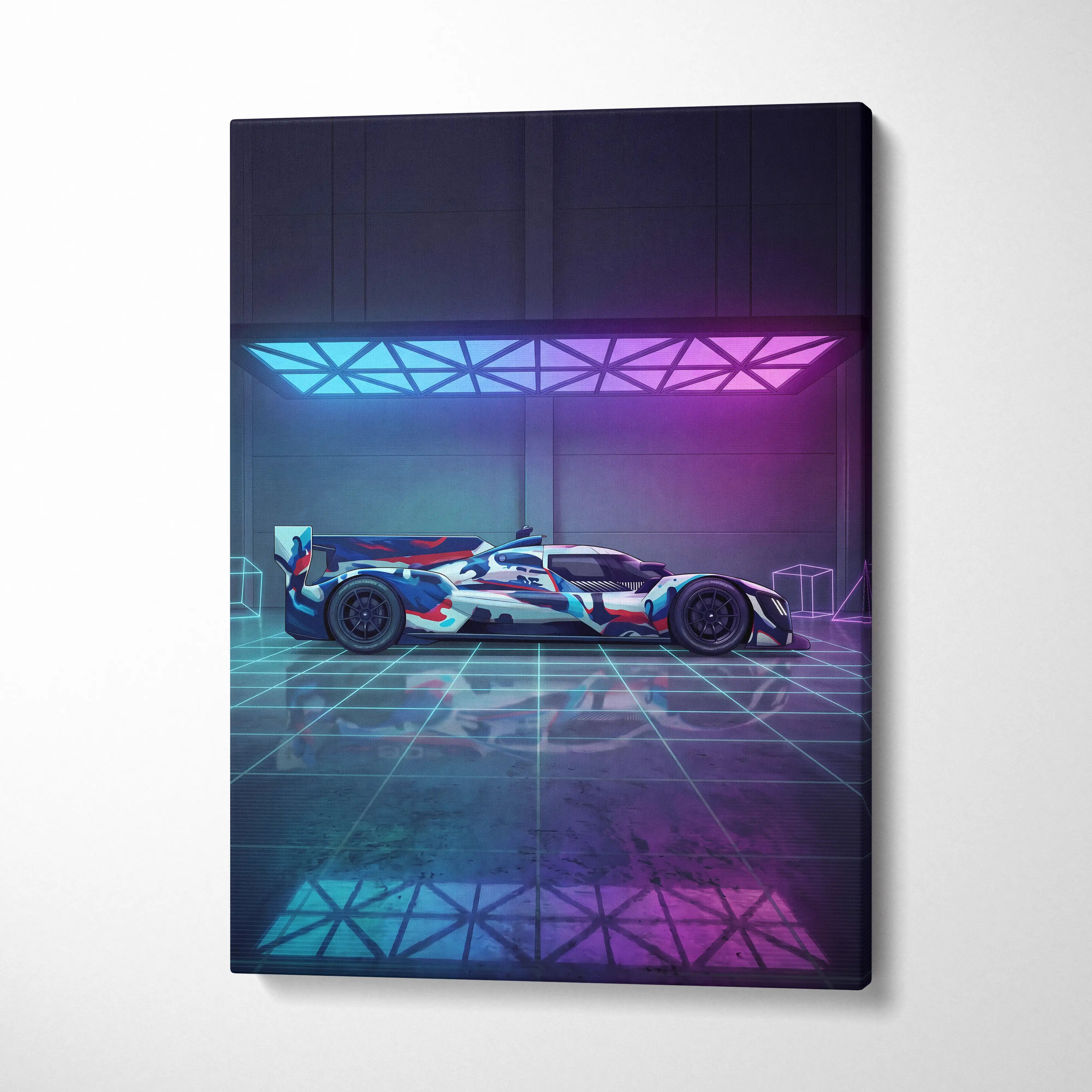 Porsche 919 Hybrid Inspired Blue Pink Canvas Wall Art, Vaporwave Le Mans Race Car Artwork, Neon Grid Garage Decor, Retro Futuristic Motorsport Print