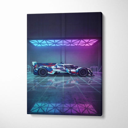 Porsche 919 Hybrid Inspired Blue Pink Canvas Wall Art, Vaporwave Le Mans Race Car Artwork, Neon Grid Garage Decor, Retro Futuristic Motorsport Print