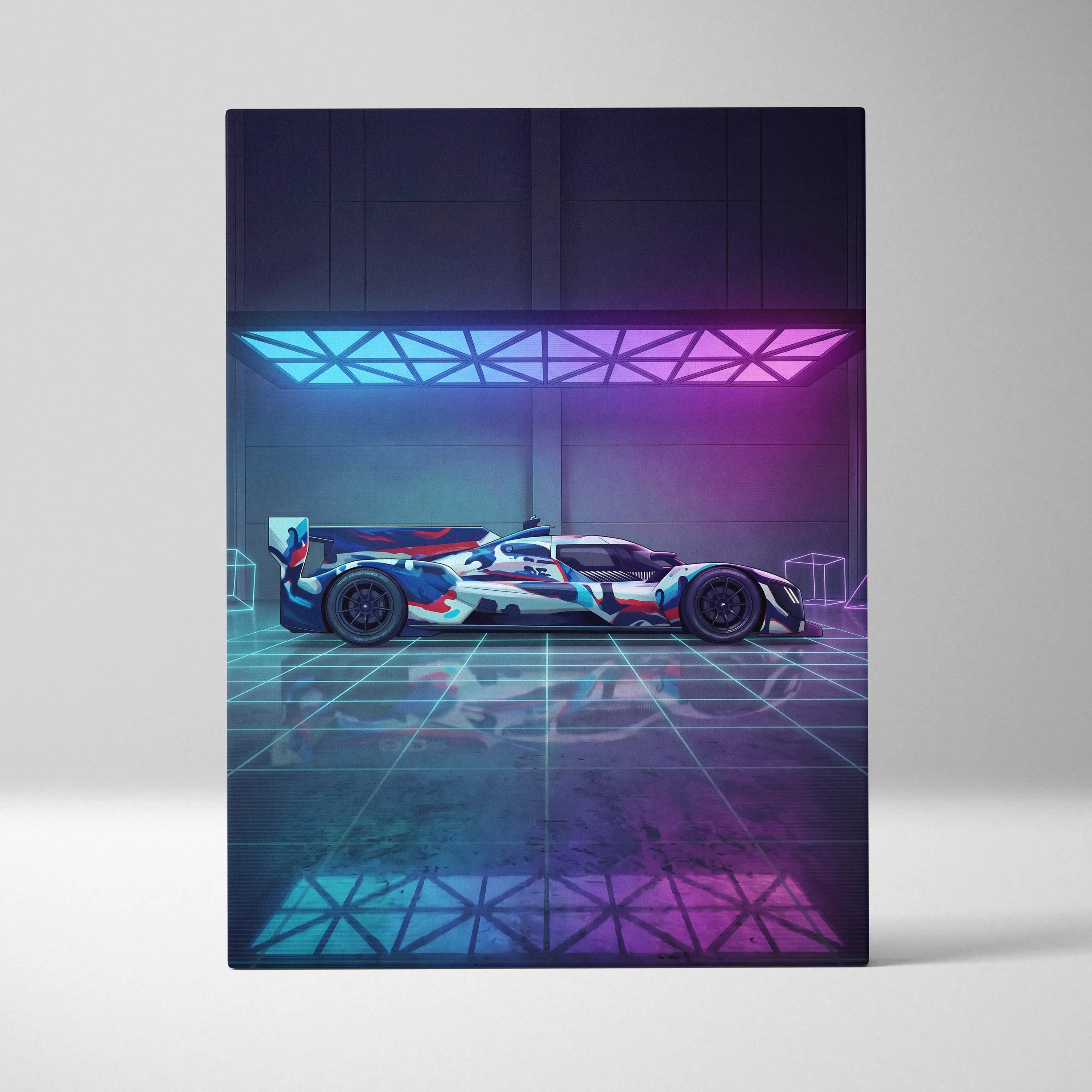 Porsche 919 Hybrid Inspired Blue Pink Canvas Wall Art, Vaporwave Le Mans Race Car Artwork, Neon Grid Garage Decor, Retro Futuristic Motorsport Print