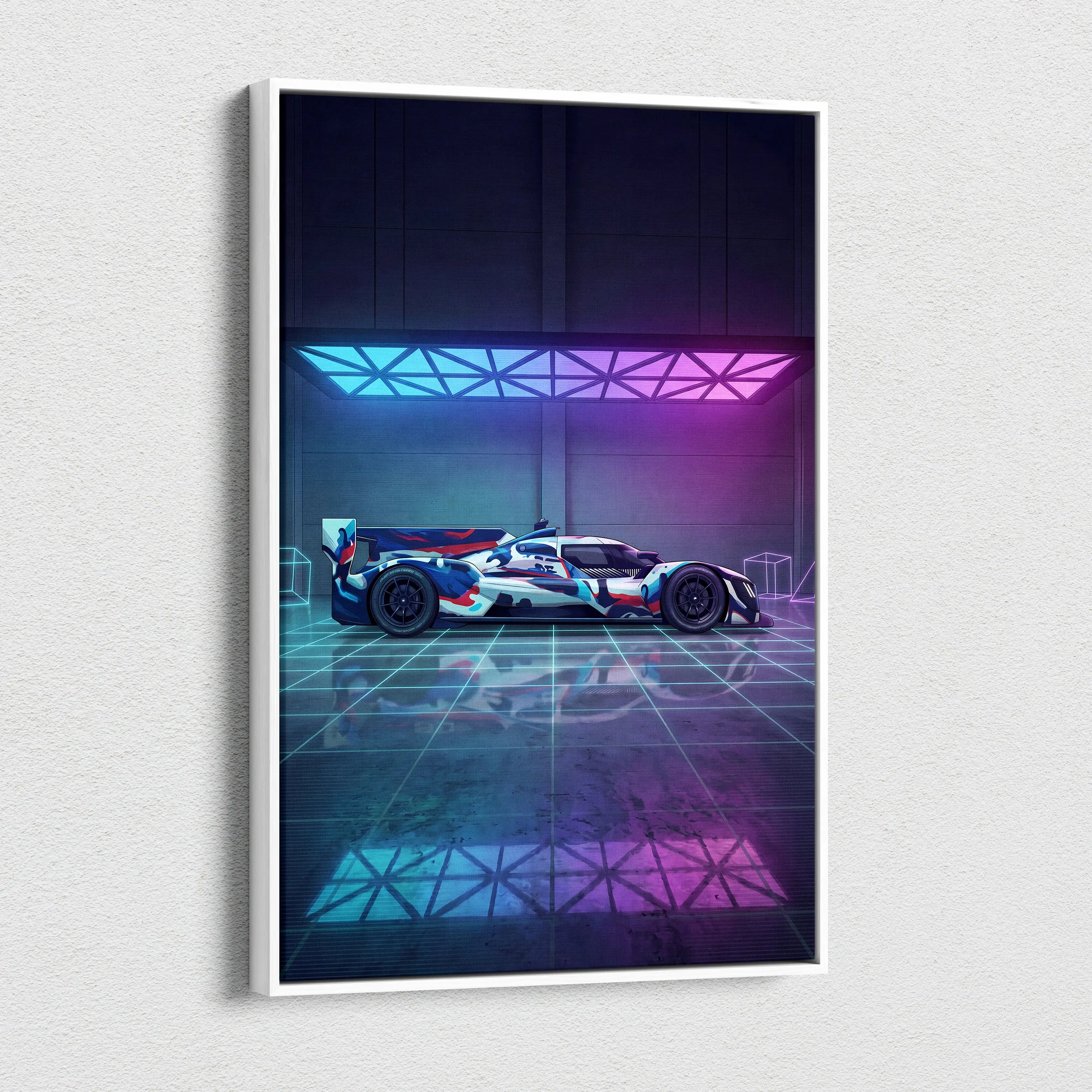 Porsche 919 Hybrid Inspired Blue Pink Canvas Wall Art, Vaporwave Le Mans Race Car Artwork, Neon Grid Garage Decor, Retro Futuristic Motorsport Print