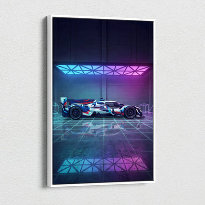 Porsche 919 Hybrid Inspired Blue Pink Canvas Wall Art, Vaporwave Le Mans Race Car Artwork, Neon Grid Garage Decor, Retro Futuristic Motorsport Print