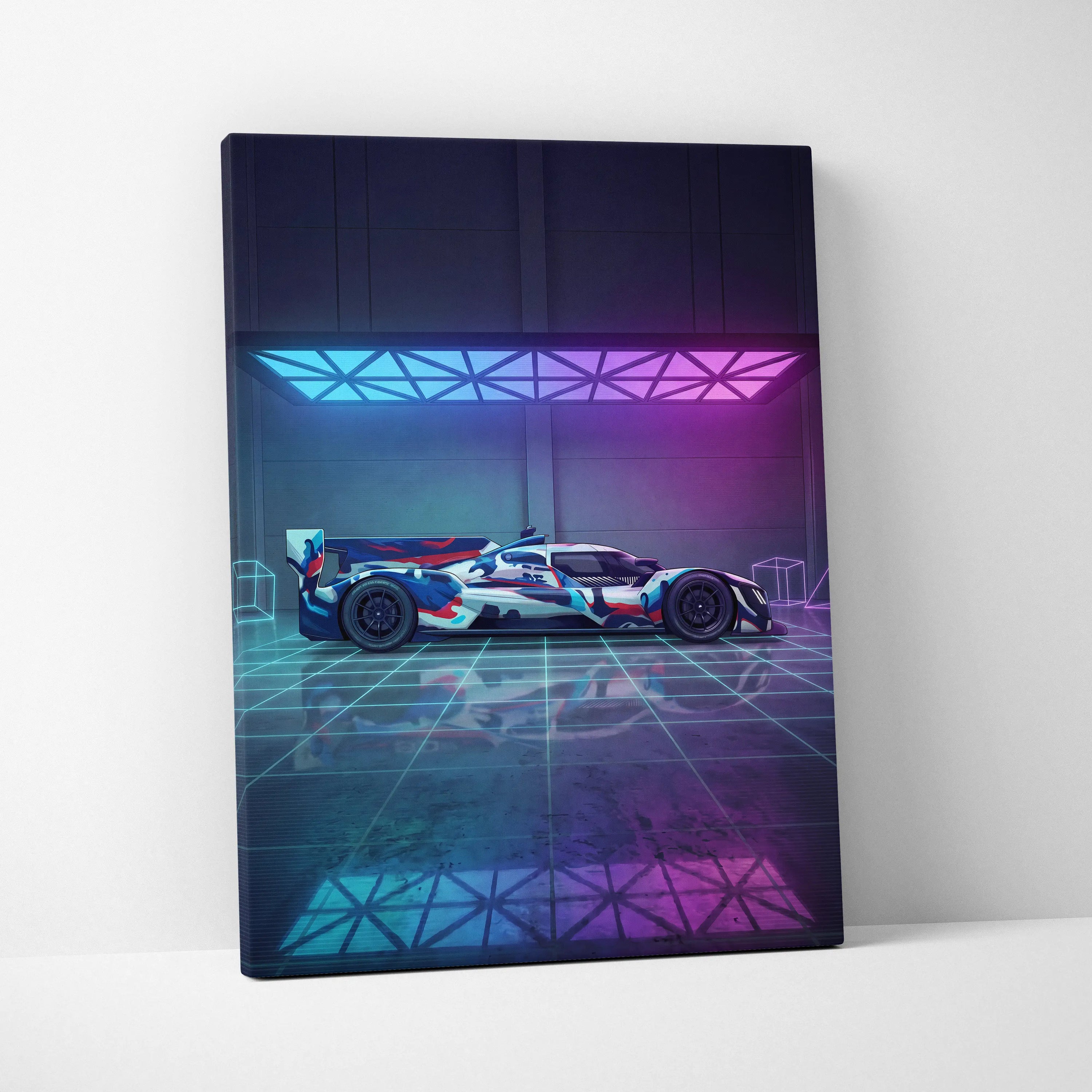 Porsche 919 Hybrid Inspired Blue Pink Canvas Wall Art, Vaporwave Le Mans Race Car Artwork, Neon Grid Garage Decor, Retro Futuristic Motorsport Print