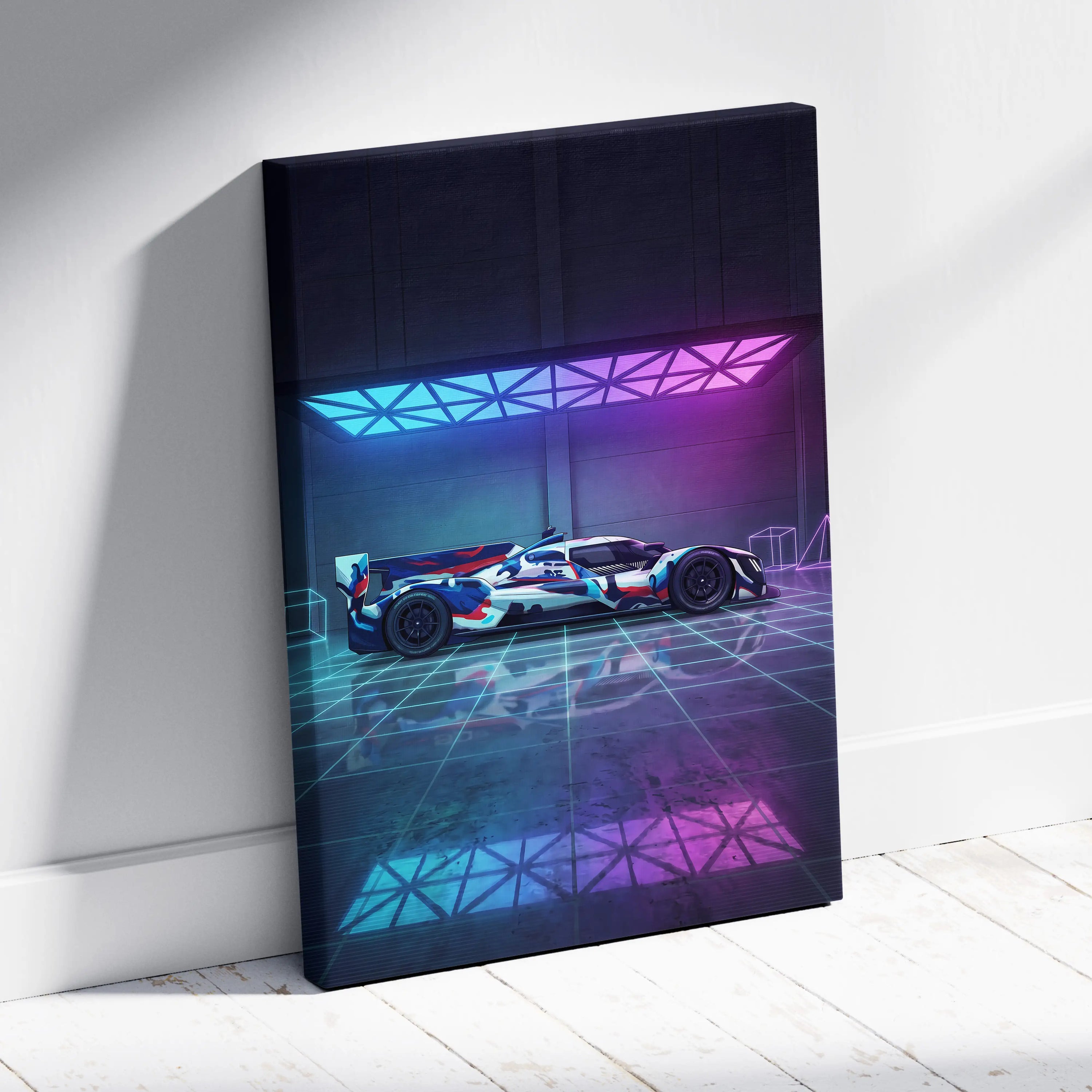 Porsche 919 Hybrid Inspired Blue Pink Canvas Wall Art, Vaporwave Le Mans Race Car Artwork, Neon Grid Garage Decor, Retro Futuristic Motorsport Print
