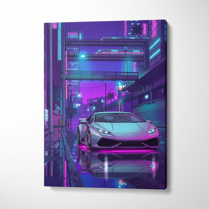 Lamborghini Huracan Inspired White Purple Canvas Wall Art, Vaporwave Tokyo City Artwork, Neon Rain Garage Decor, Retro Futuristic Supercar Print