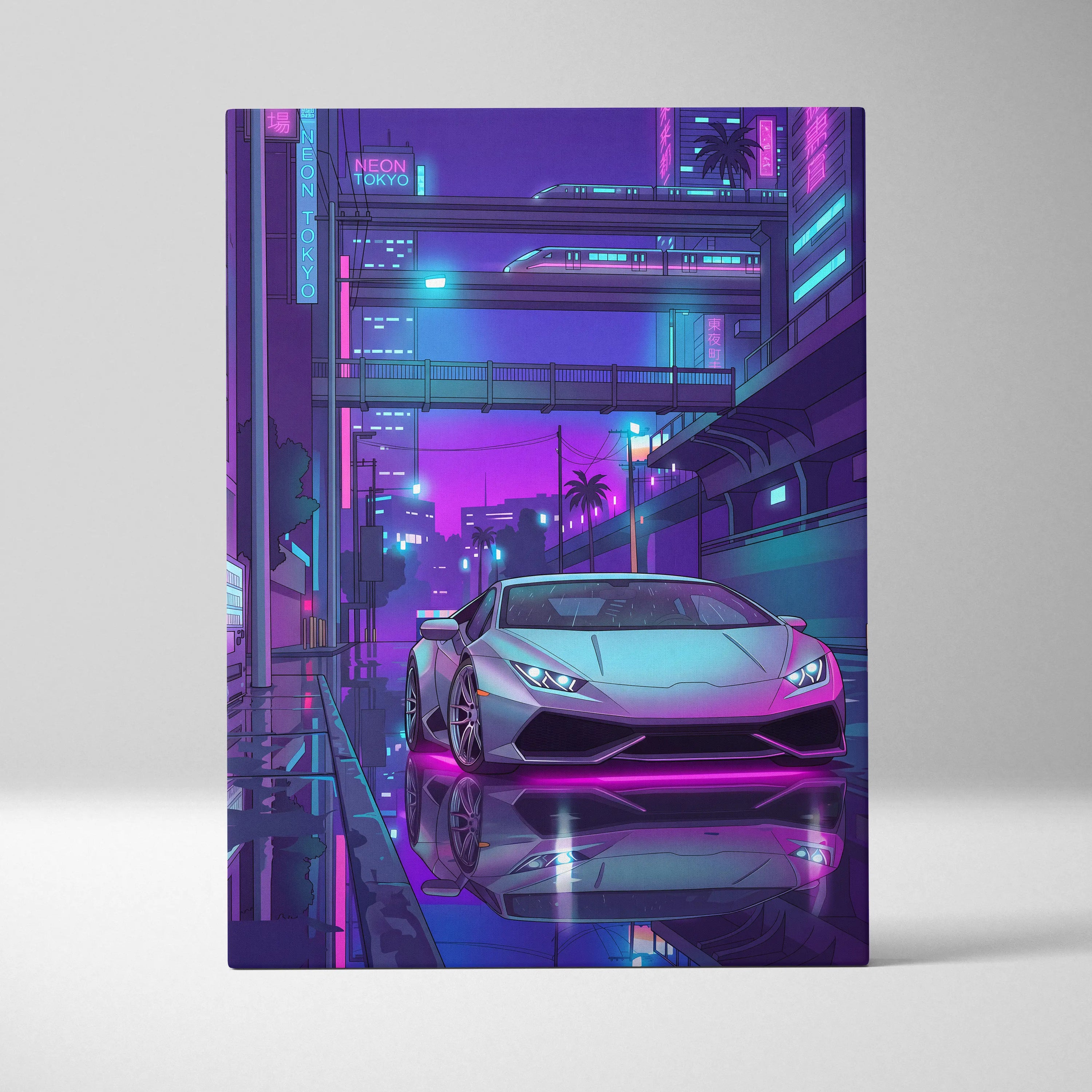 Lamborghini Huracan Inspired White Purple Canvas Wall Art, Vaporwave Tokyo City Artwork, Neon Rain Garage Decor, Retro Futuristic Supercar Print