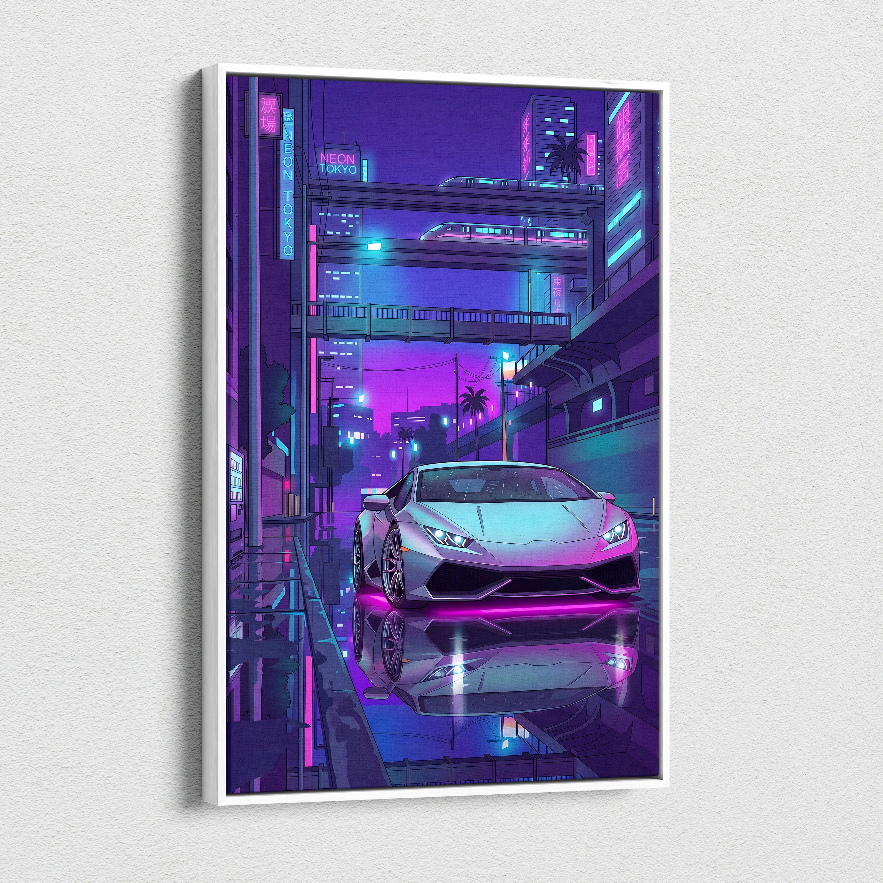 Lamborghini Huracan Inspired White Purple Canvas Wall Art, Vaporwave Tokyo City Artwork, Neon Rain Garage Decor, Retro Futuristic Supercar Print