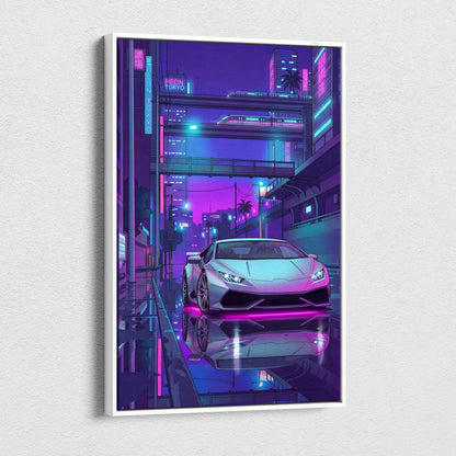 Lamborghini Huracan Inspired White Purple Canvas Wall Art, Vaporwave Tokyo City Artwork, Neon Rain Garage Decor, Retro Futuristic Supercar Print
