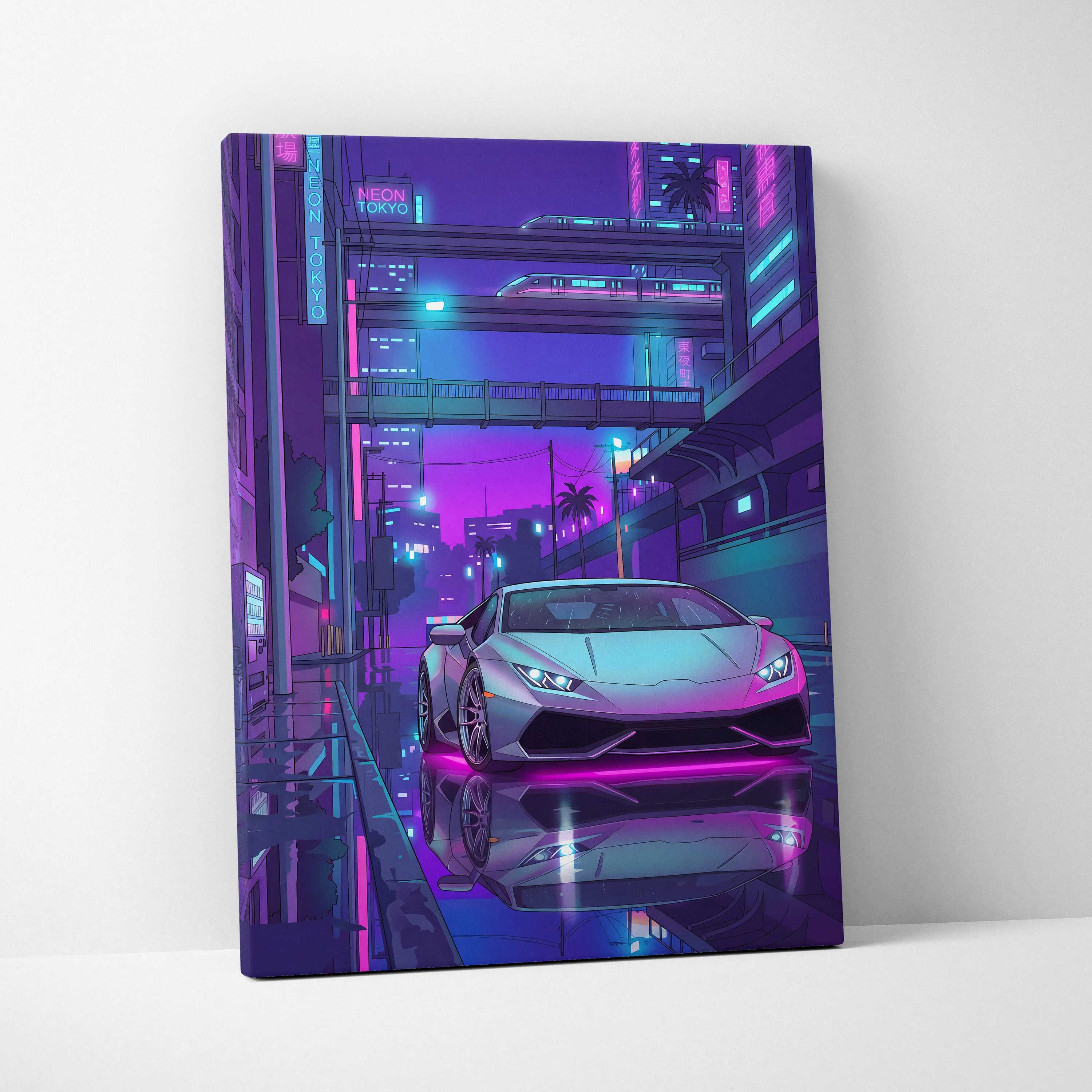 Lamborghini Huracan Inspired White Purple Canvas Wall Art, Vaporwave Tokyo City Artwork, Neon Rain Garage Decor, Retro Futuristic Supercar Print