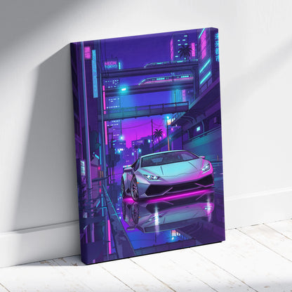 Lamborghini Huracan Inspired White Purple Canvas Wall Art, Vaporwave Tokyo City Artwork, Neon Rain Garage Decor, Retro Futuristic Supercar Print