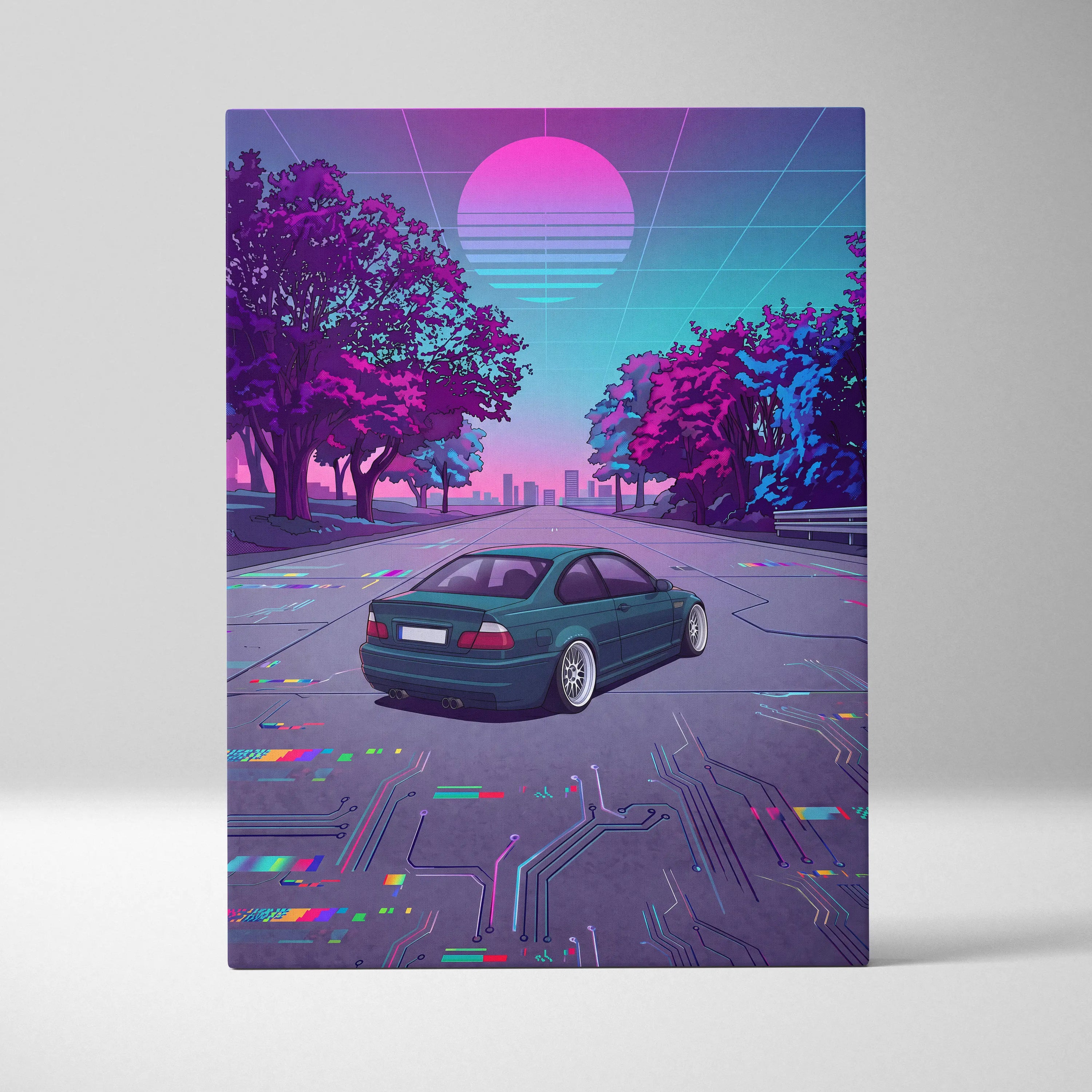 BMW M3 Inspired Vaporwave Car Canvas - Car Artwork Neon Pink Teal Living Room Retro-Futurism Mood Nostalgia Vaporwave Canvas