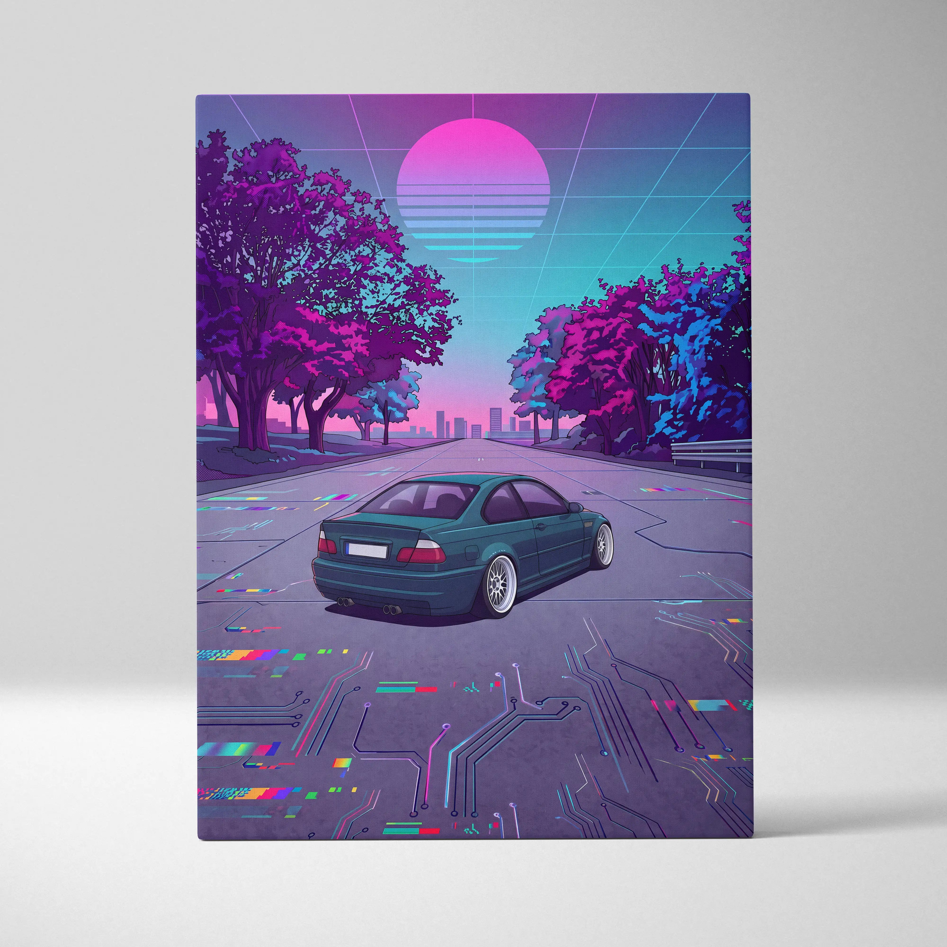 BMW M3 Inspired Vaporwave Car Canvas - Car Artwork Neon Pink Teal Living Room Retro-Futurism Mood Nostalgia Vaporwave Canvas