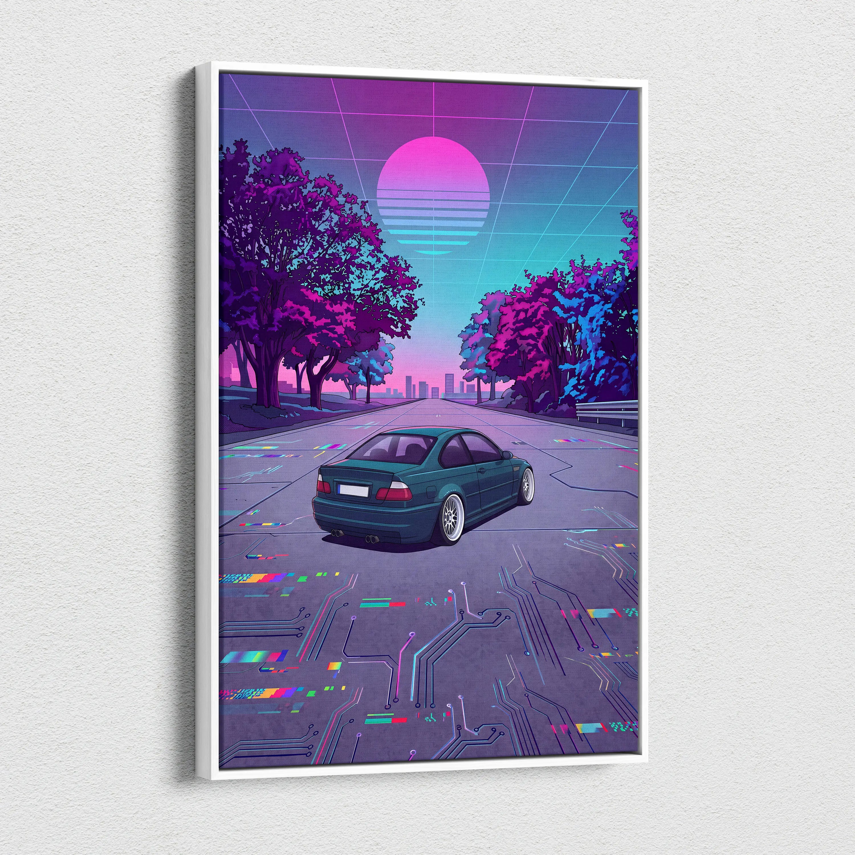 BMW M3 Inspired Vaporwave Car Canvas - Car Artwork Neon Pink Teal Living Room Retro-Futurism Mood Nostalgia Vaporwave Canvas