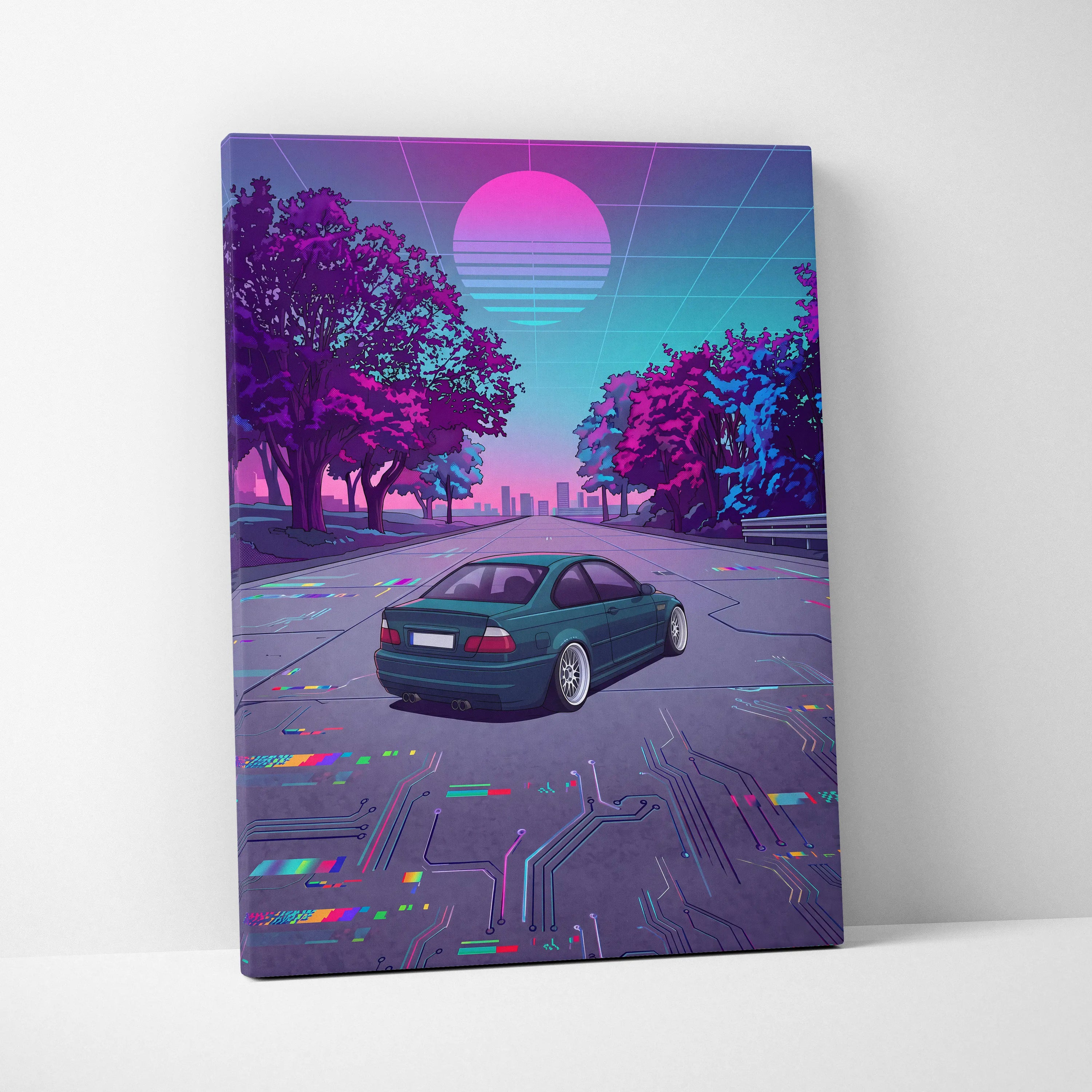 BMW M3 Inspired Vaporwave Car Canvas - Car Artwork Neon Pink Teal Living Room Retro-Futurism Mood Nostalgia Vaporwave Canvas