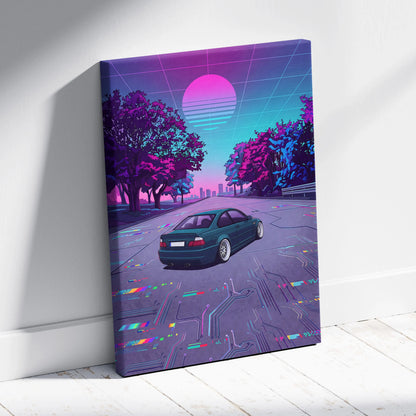 BMW M3 Inspired Vaporwave Car Canvas - Car Artwork Neon Pink Teal Living Room Retro-Futurism Mood Nostalgia Vaporwave Canvas