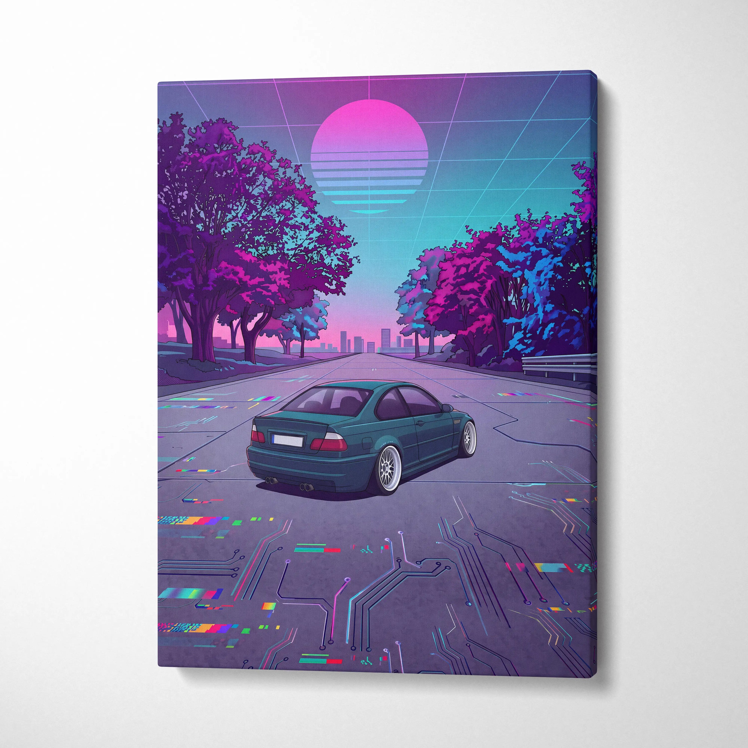 BMW M3 Inspired Vaporwave Car Canvas - Car Artwork Neon Pink Teal Living Room Retro-Futurism Mood Nostalgia Vaporwave Canvas