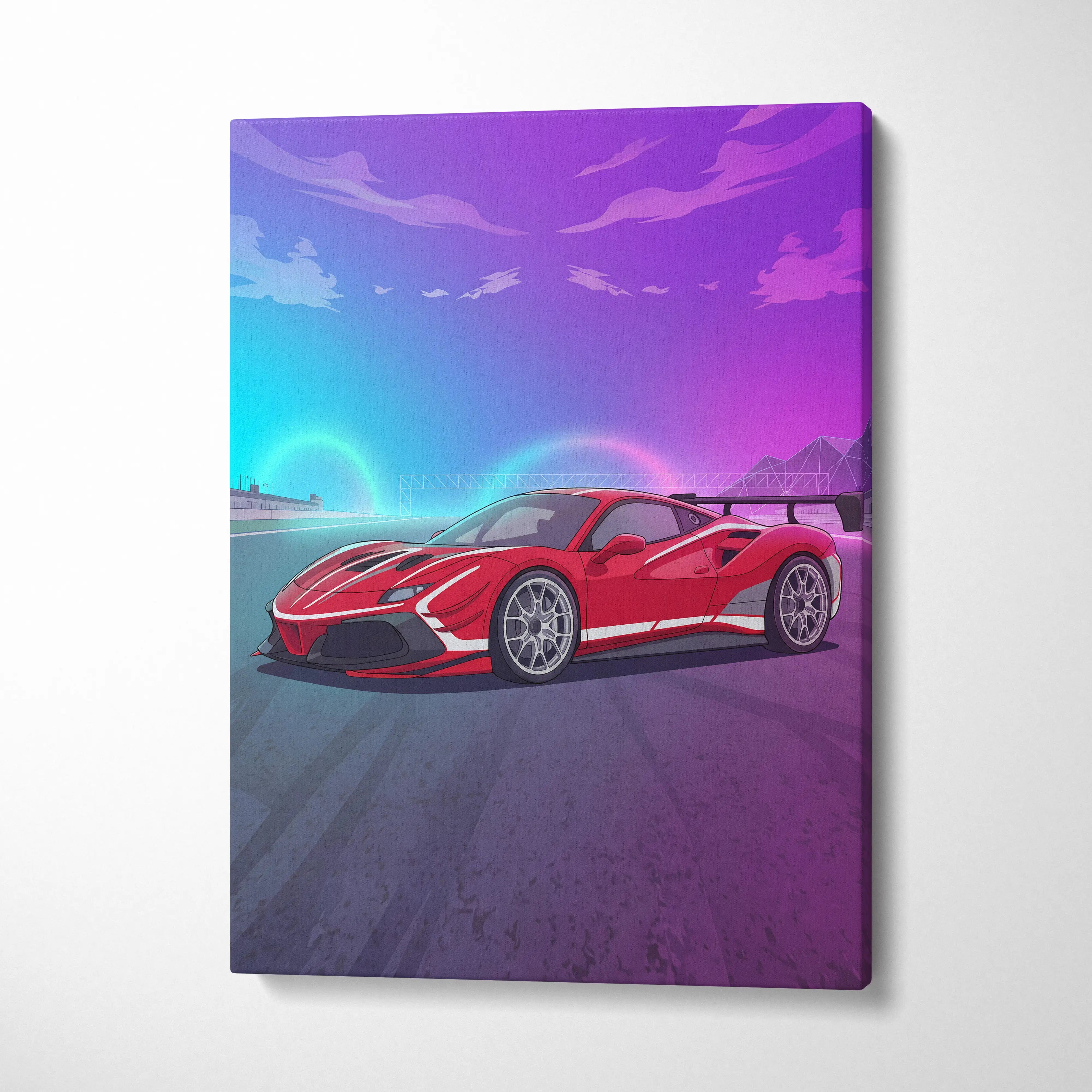 Ferrari 488 Challenge Inspired Canvas Wall Art - Red Track Car Artwork with Neon Racing Energy for Garage, Office & Motorsport Decor