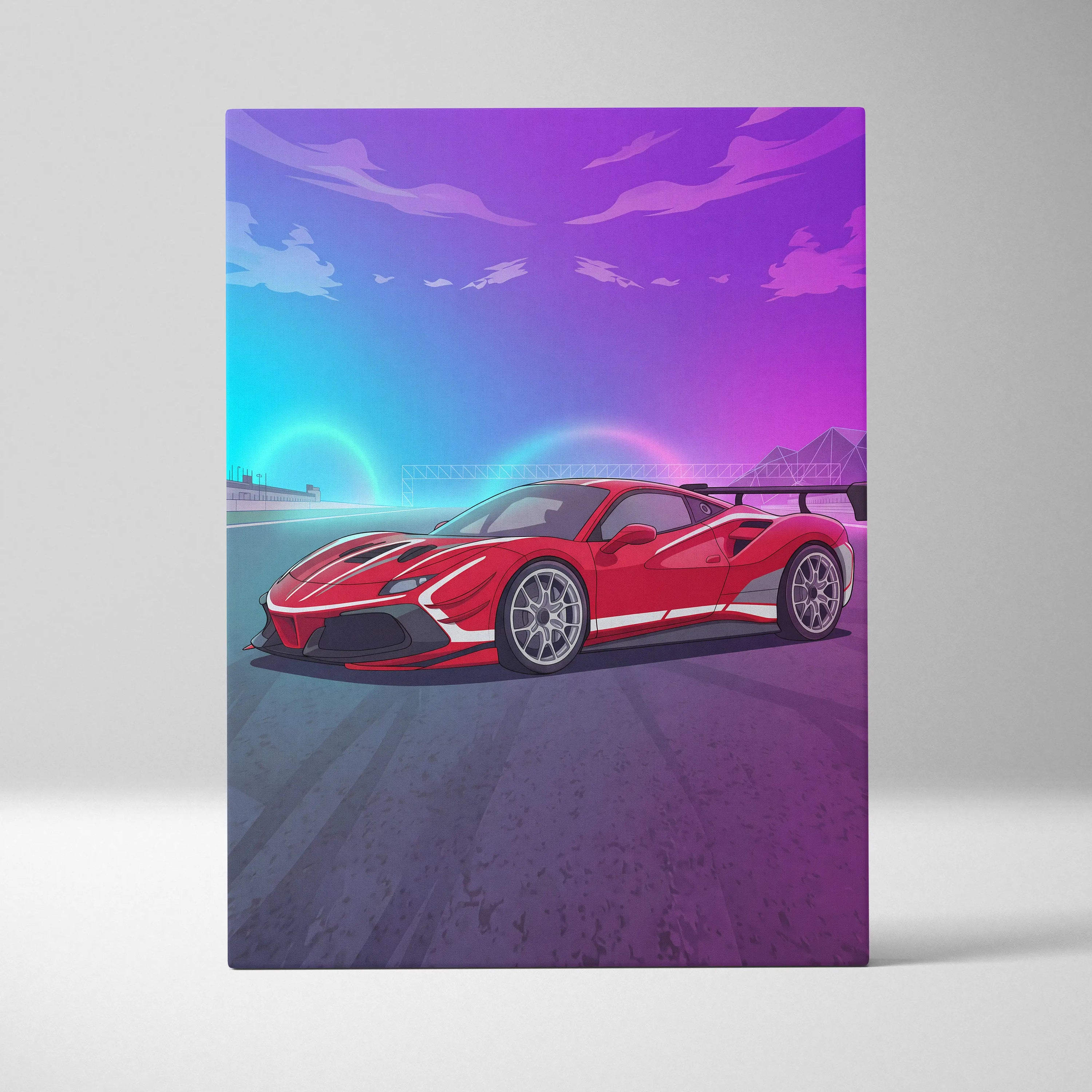 Ferrari 488 Challenge Inspired Canvas Wall Art - Red Track Car Artwork with Neon Racing Energy for Garage, Office & Motorsport Decor