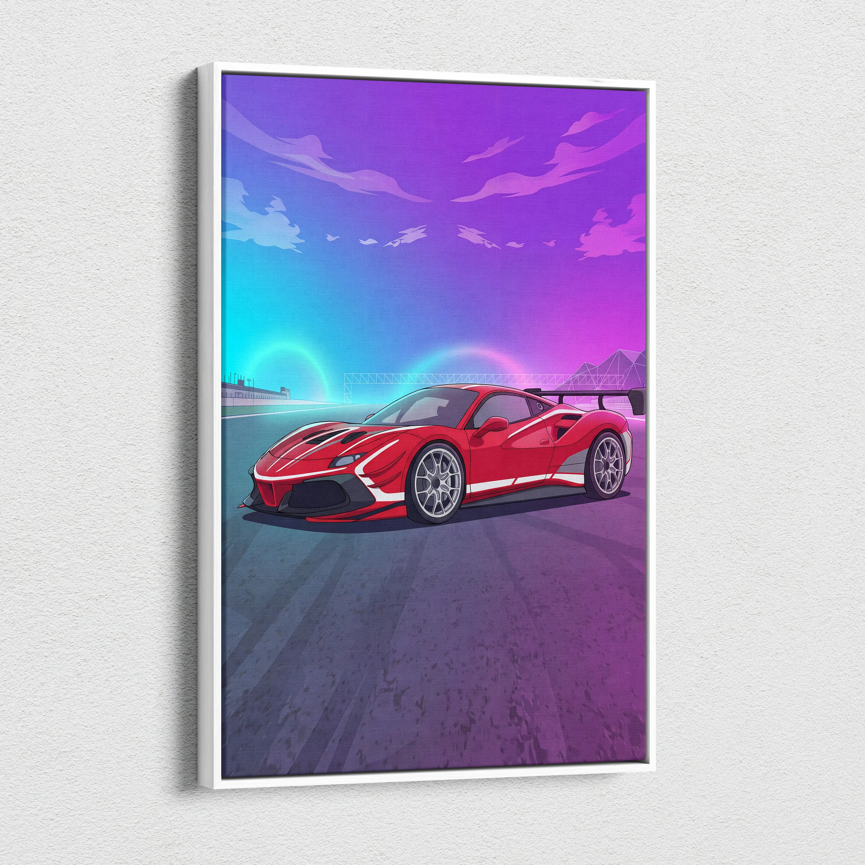 Ferrari 488 Challenge Inspired Canvas Wall Art - Red Track Car Artwork with Neon Racing Energy for Garage, Office & Motorsport Decor