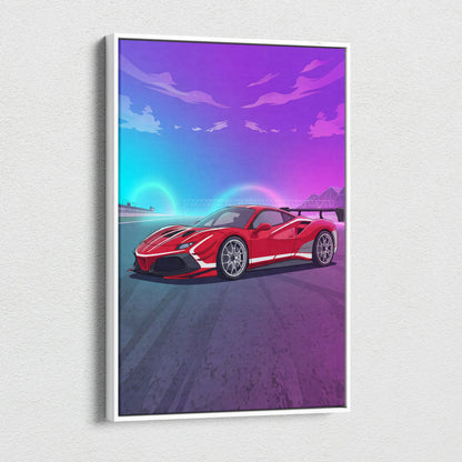 Ferrari 488 Challenge Inspired Canvas Wall Art - Red Track Car Artwork with Neon Racing Energy for Garage, Office & Motorsport Decor