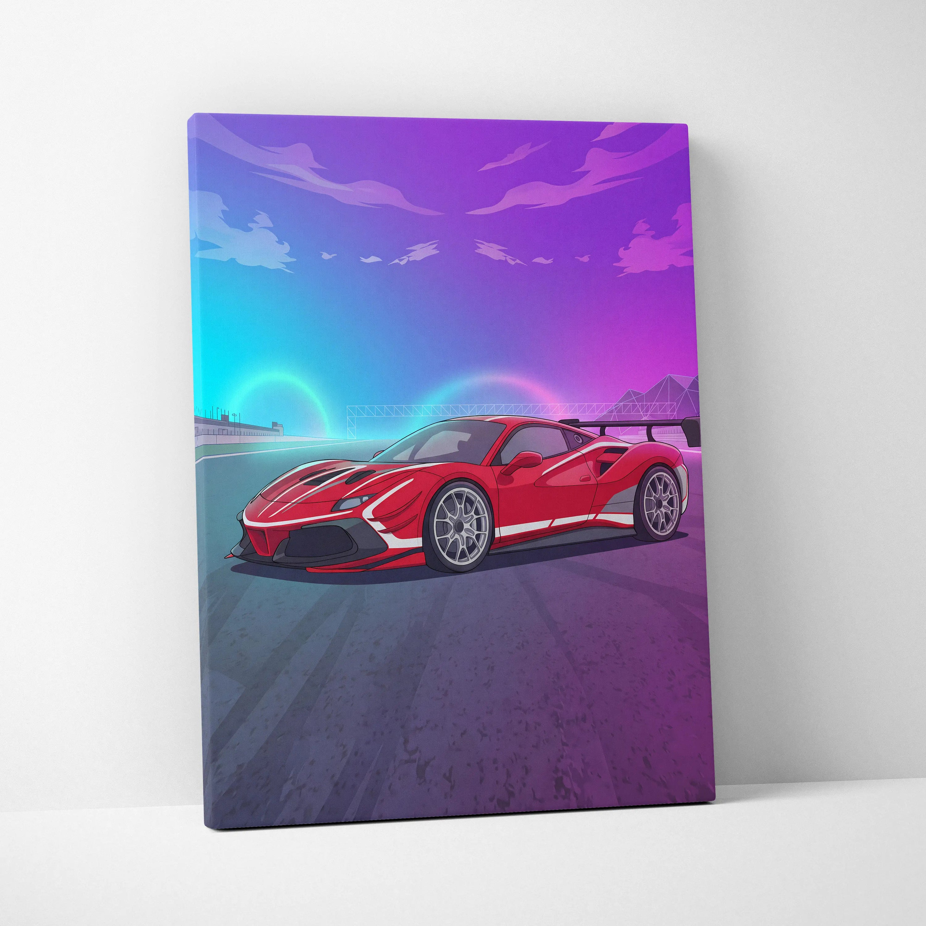 Ferrari 488 Challenge Inspired Canvas Wall Art - Red Track Car Artwork with Neon Racing Energy for Garage, Office & Motorsport Decor