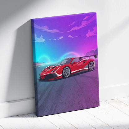 Ferrari 488 Challenge Inspired Canvas Wall Art - Red Track Car Artwork with Neon Racing Energy for Garage, Office & Motorsport Decor