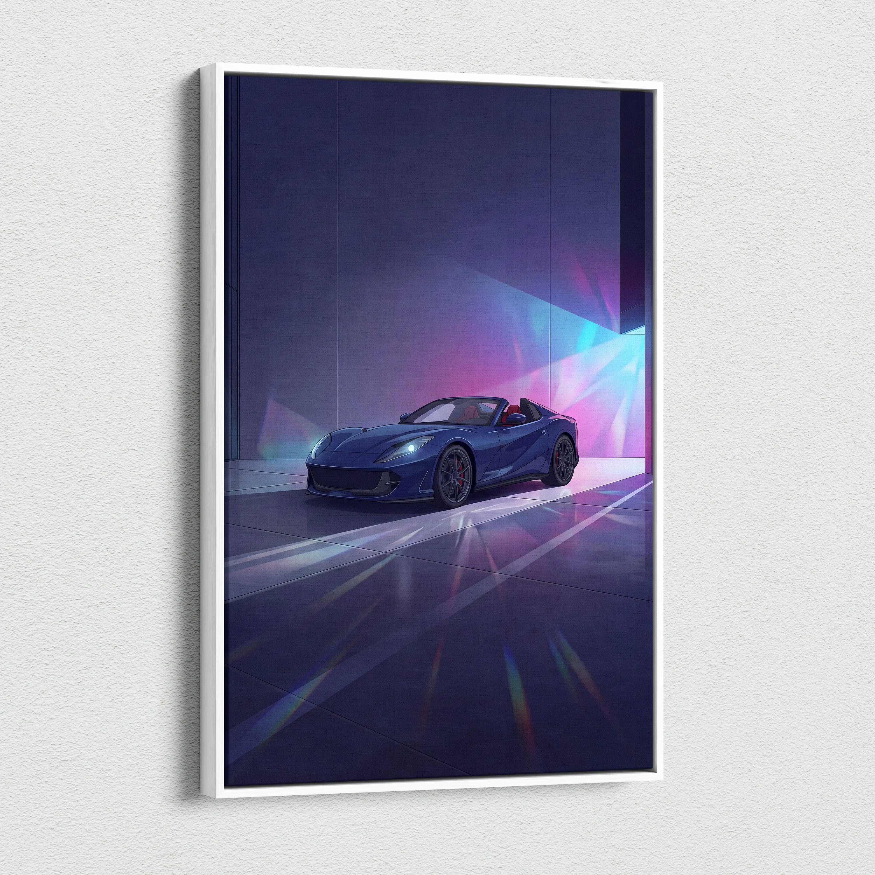 Ferrari 812 Inspired Blue Purple Canvas Wall Art, Vaporwave Supercar Artwork, Neon Garage Decor, Retro Futuristic Exotic Car Print
