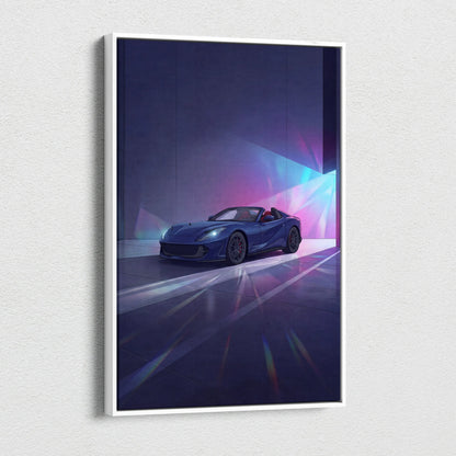 Ferrari 812 Inspired Blue Purple Canvas Wall Art, Vaporwave Supercar Artwork, Neon Garage Decor, Retro Futuristic Exotic Car Print