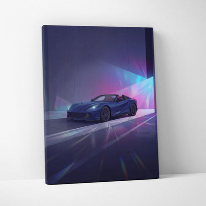 Ferrari 812 Inspired Blue Purple Canvas Wall Art, Vaporwave Supercar Artwork, Neon Garage Decor, Retro Futuristic Exotic Car Print