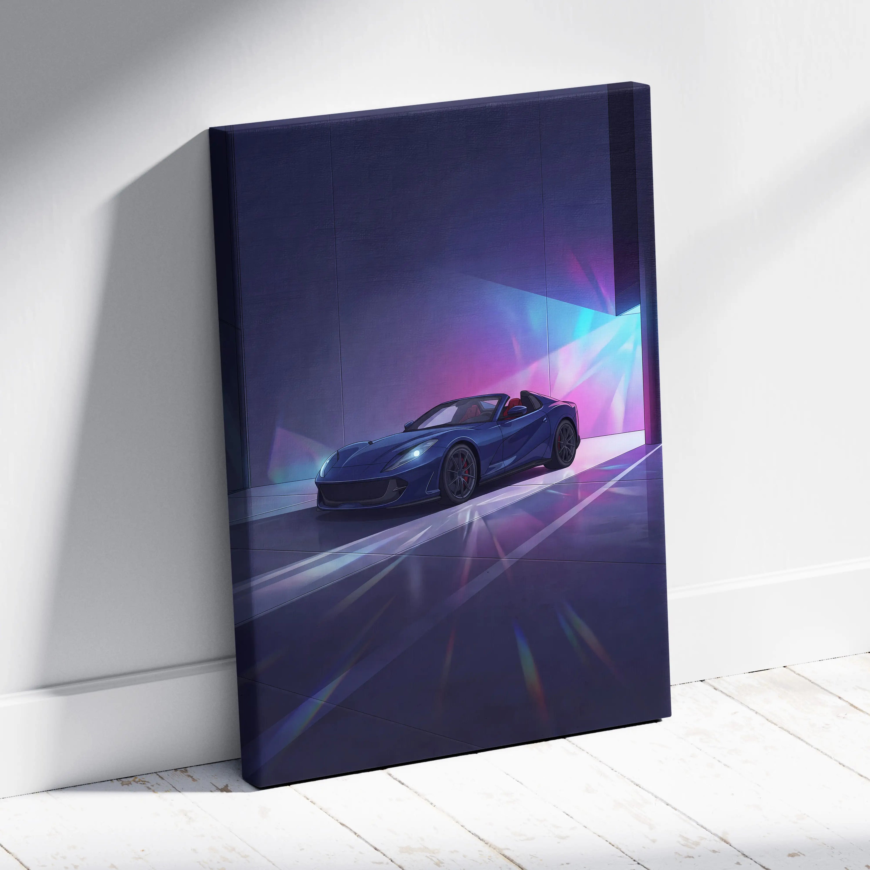 Ferrari 812 Inspired Blue Purple Canvas Wall Art, Vaporwave Supercar Artwork, Neon Garage Decor, Retro Futuristic Exotic Car Print