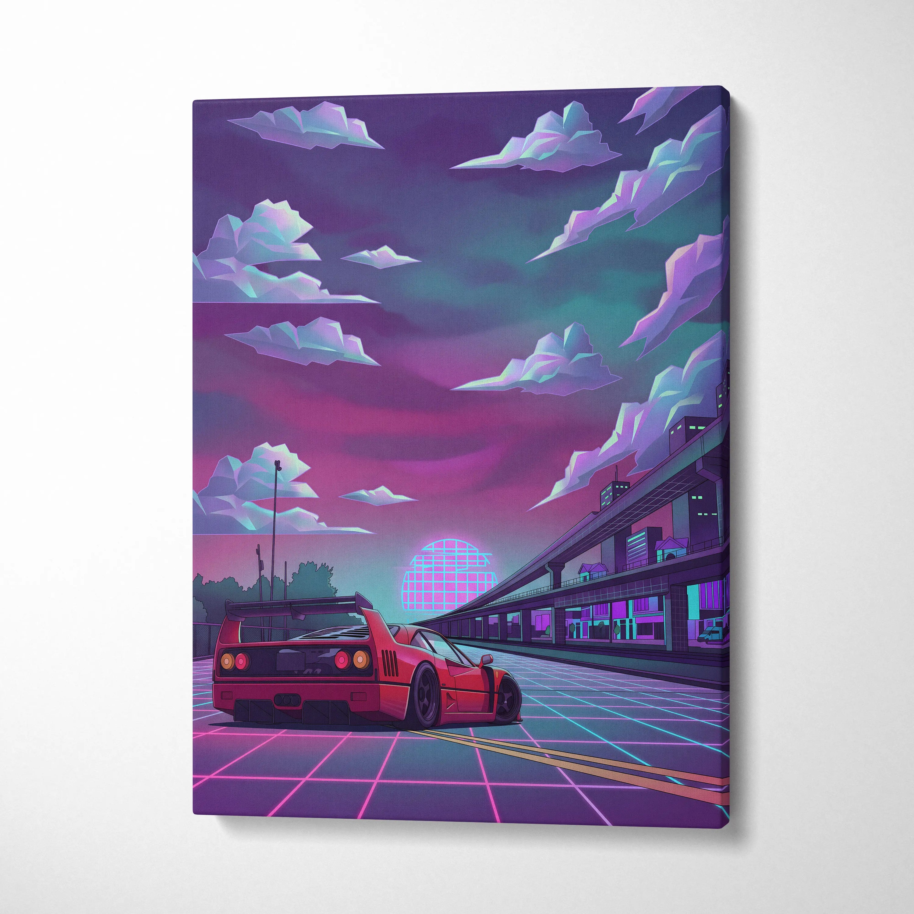 Ferrari F40 Inspired Red Purple Canvas Wall Art, Vaporwave Neon City Drive, Retro Futuristic Garage Decor, Supercar Artwork