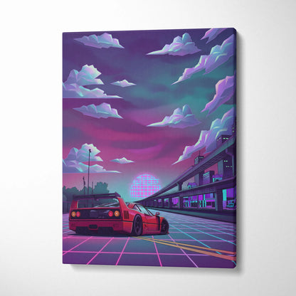 Ferrari F40 Inspired Red Purple Canvas Wall Art, Vaporwave Neon City Drive, Retro Futuristic Garage Decor, Supercar Artwork