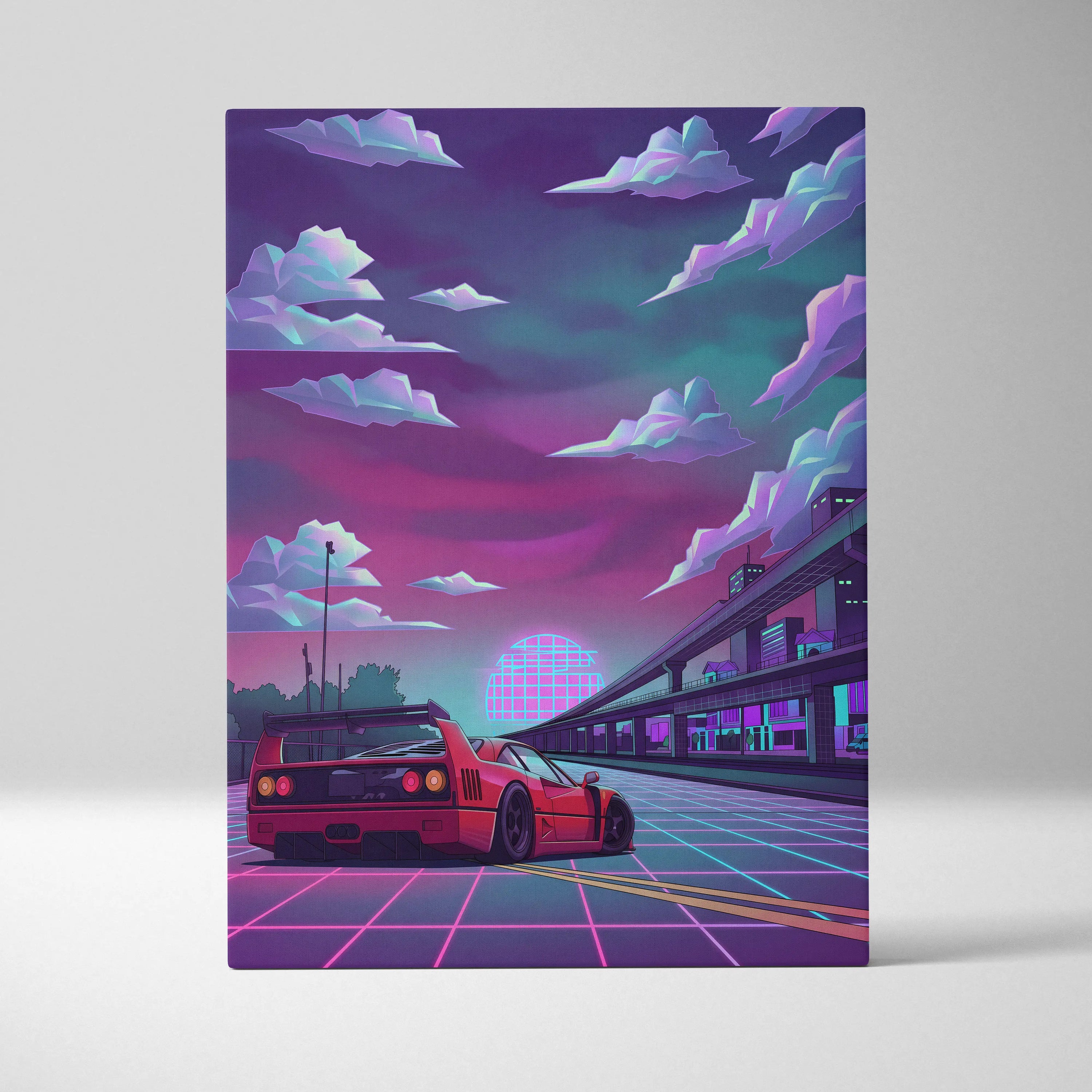 Ferrari F40 Inspired Red Purple Canvas Wall Art, Vaporwave Neon City Drive, Retro Futuristic Garage Decor, Supercar Artwork