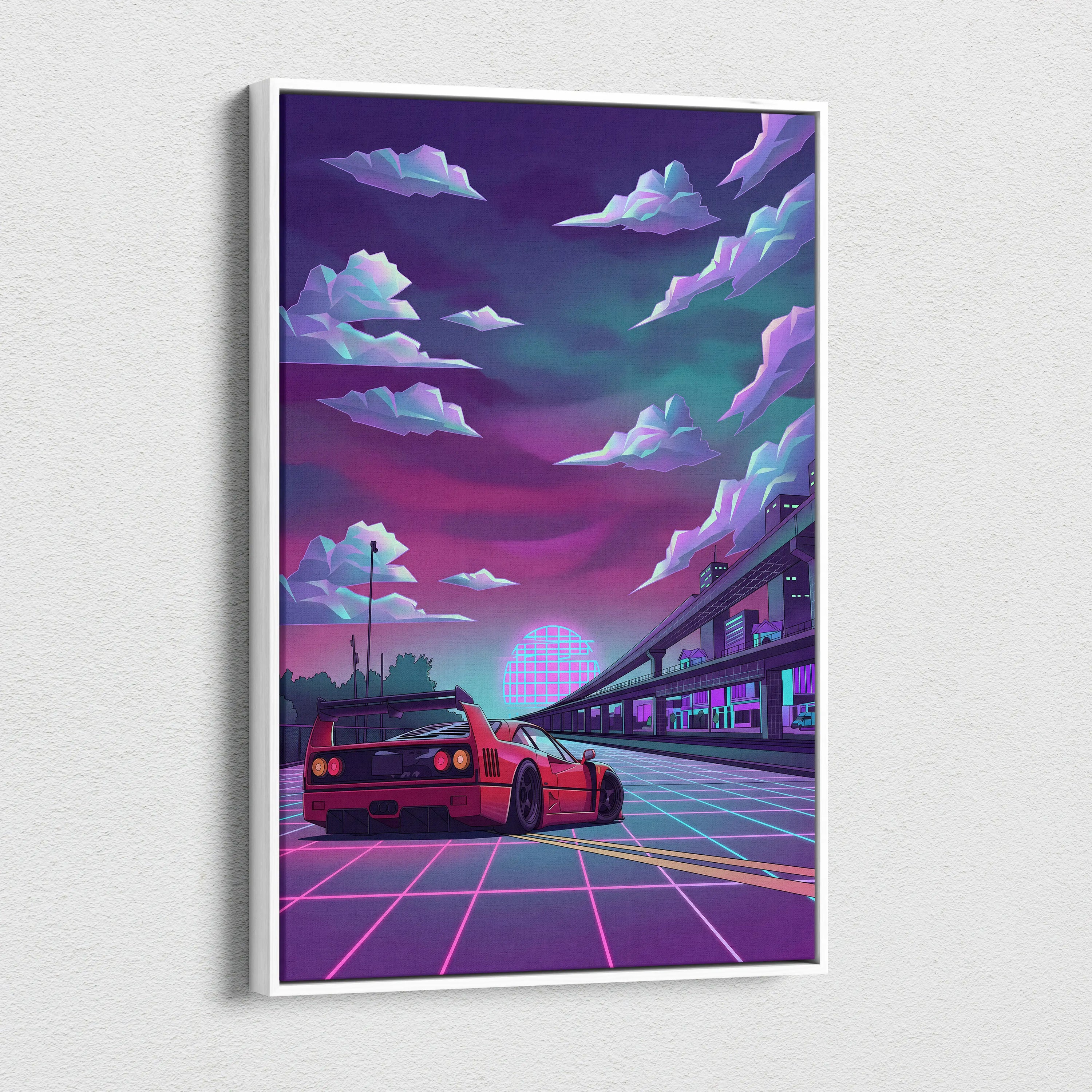 Ferrari F40 Inspired Red Purple Canvas Wall Art, Vaporwave Neon City Drive, Retro Futuristic Garage Decor, Supercar Artwork