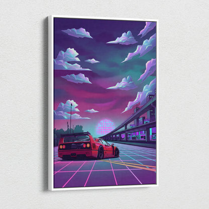 Ferrari F40 Inspired Red Purple Canvas Wall Art, Vaporwave Neon City Drive, Retro Futuristic Garage Decor, Supercar Artwork