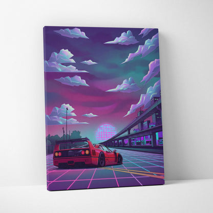 Ferrari F40 Inspired Red Purple Canvas Wall Art, Vaporwave Neon City Drive, Retro Futuristic Garage Decor, Supercar Artwork