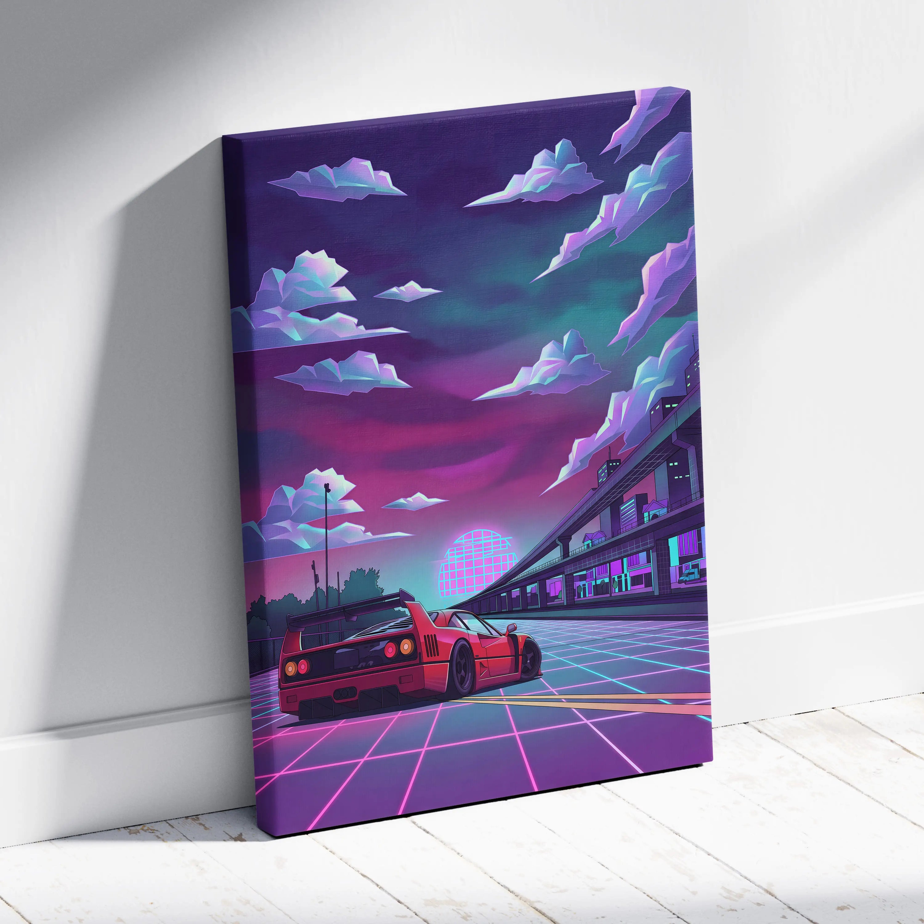 Ferrari F40 Inspired Red Purple Canvas Wall Art, Vaporwave Neon City Drive, Retro Futuristic Garage Decor, Supercar Artwork