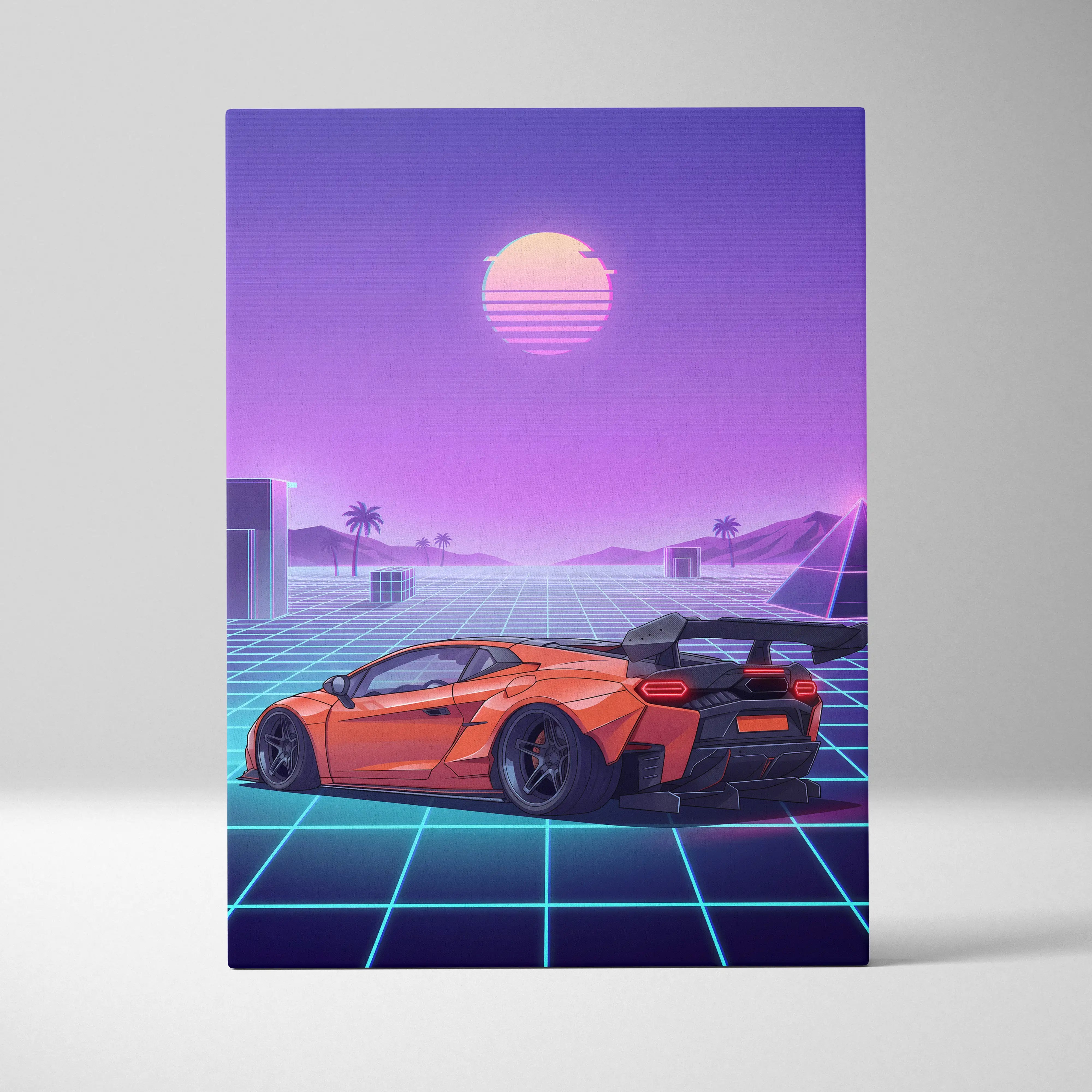 Lamborghini Inspired Orange Purple Canvas Wall Art, Vaporwave Hypercar Artwork, Neon Grid Garage Decor, Retro Futuristic Motorsport Print
