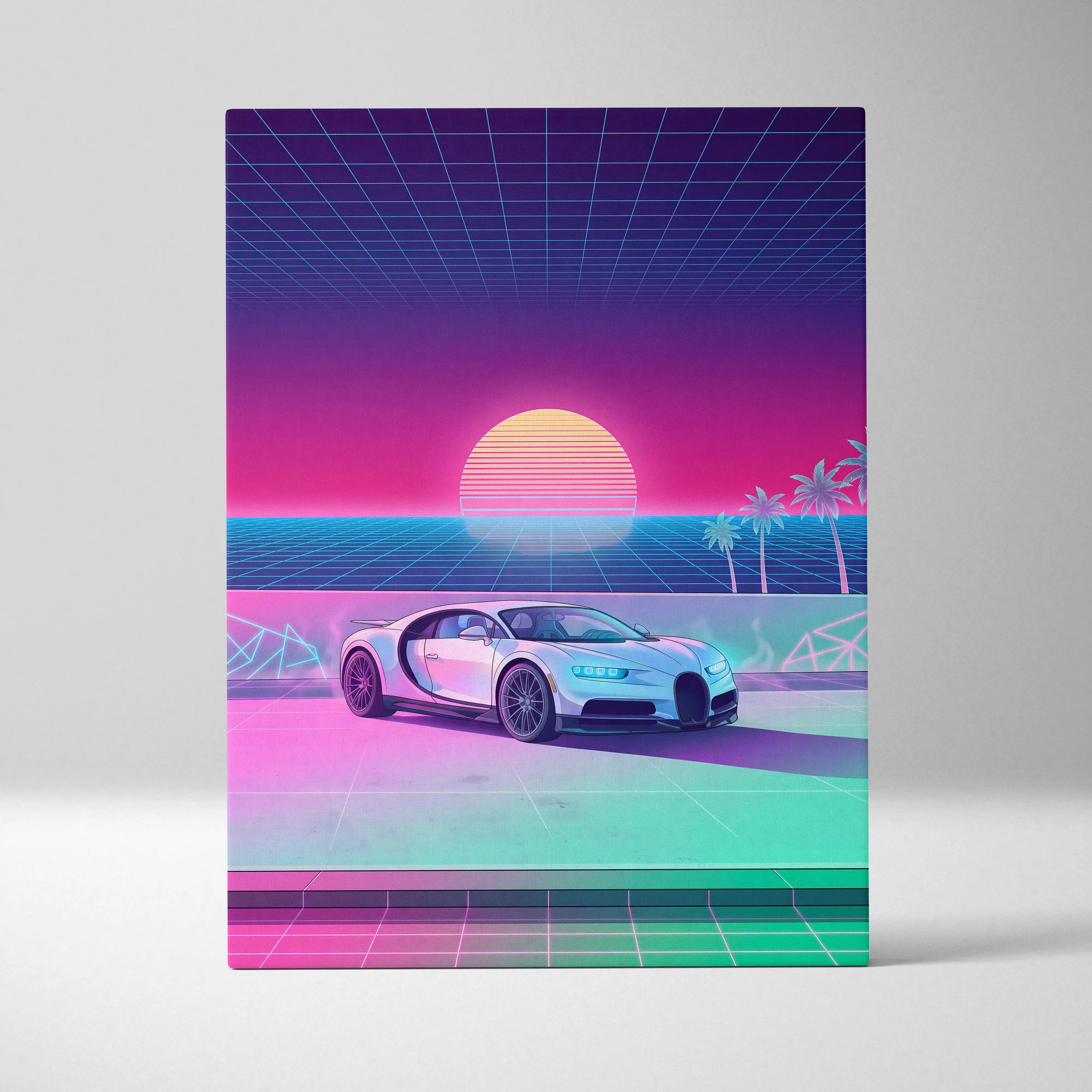 A sleek white bugatti sports car with glowing blue headlights in a neon pink purple retro-futuristic canvas print
