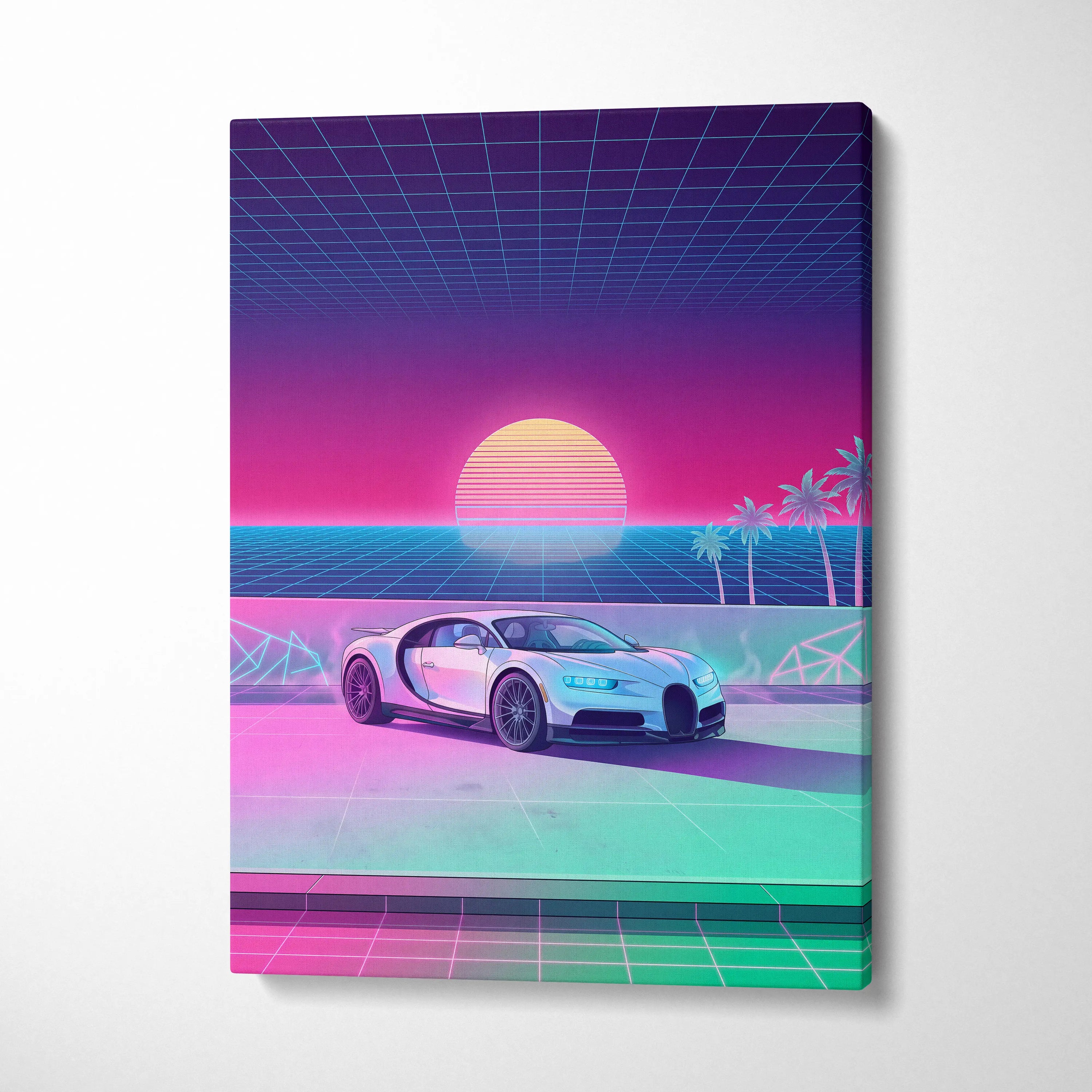 Bugatti Chiron Inspired Neon Sunset Drive Canvas - Car Art Neon Pink Purple Retro Living Room Vaporwave Dreamy Mood Canvas