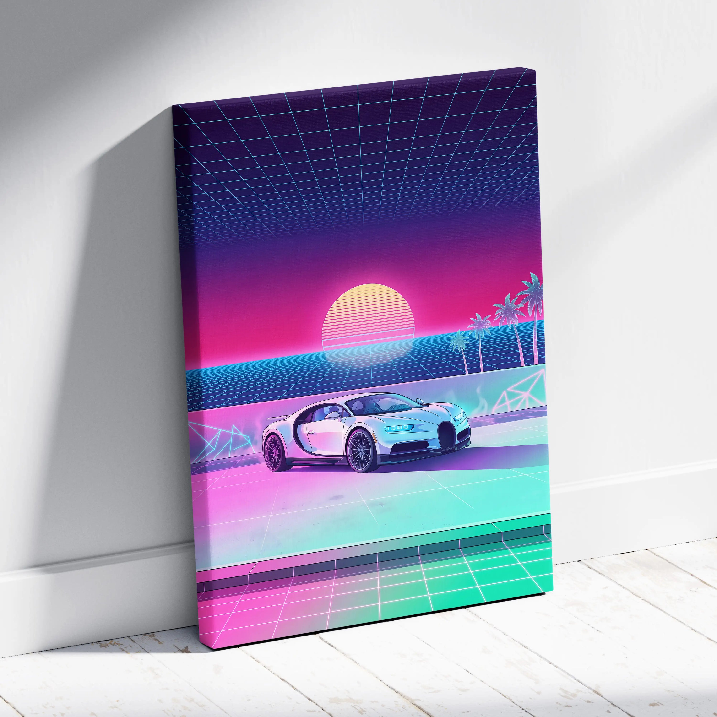 Bugatti Chiron Inspired Neon Sunset Drive Canvas - Car Art Neon Pink Purple Retro Living Room Vaporwave Dreamy Mood Canvas