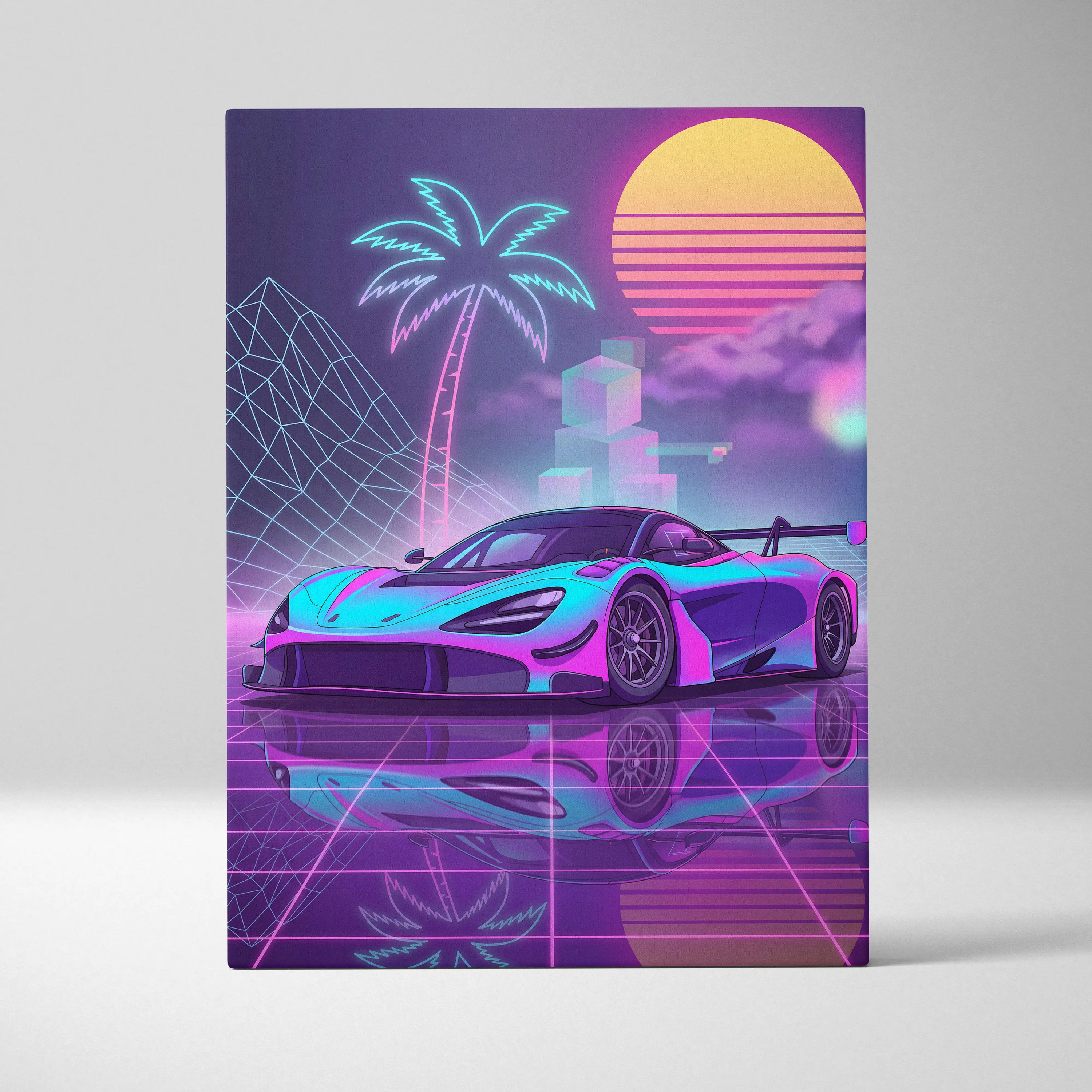 McLaren 720S GT3 Inspired Neon Vaporwave Sunset Drift - Car Art Neon Pink Blue Vaporwave - Moody Retro Futurism Neon