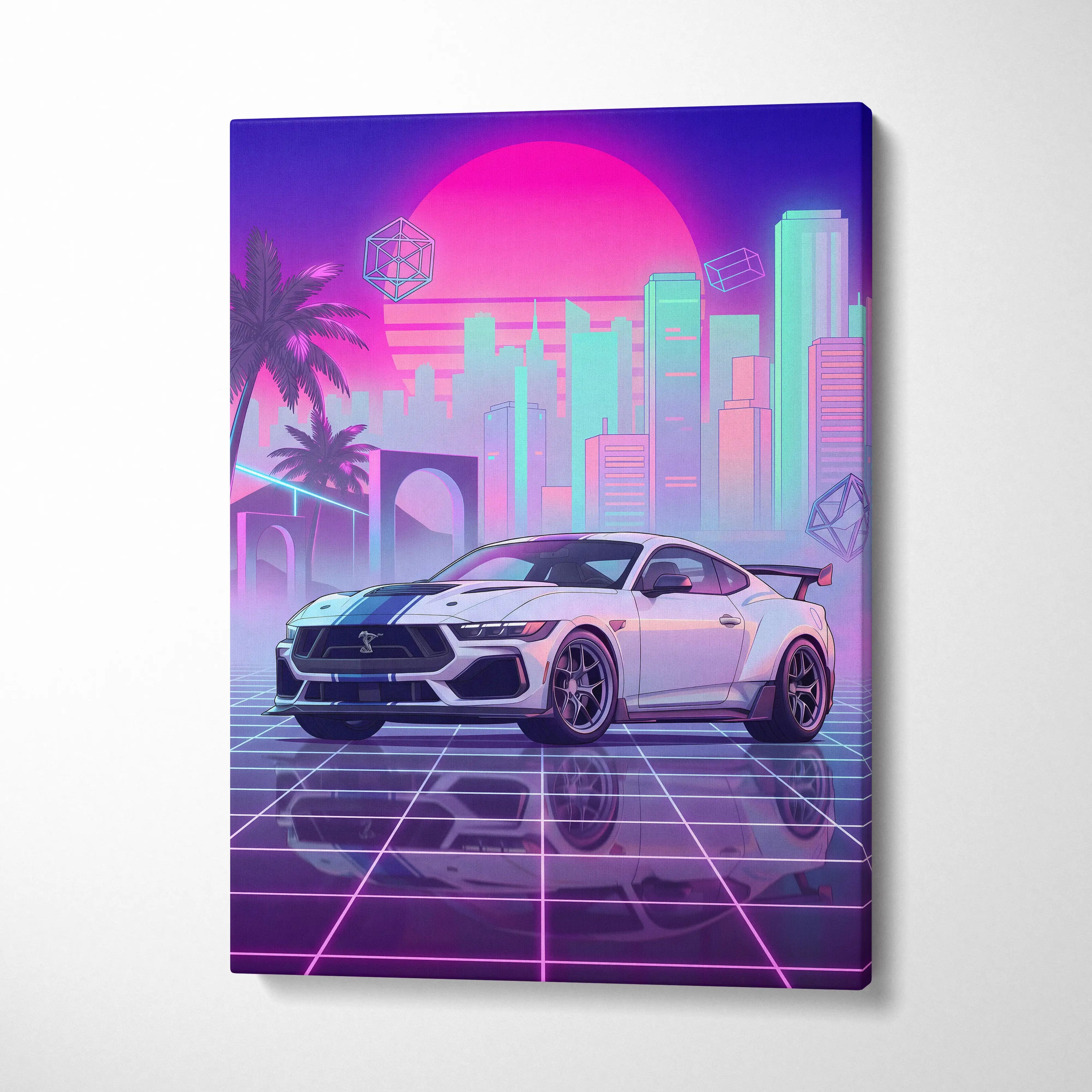 Ford Mustang Darkhouse Supersnake R Inspired Neon Skyline Vaporwave Dream - Car Neon Pink Purple Living Room Nostalgic Retro Futurism Canvas
