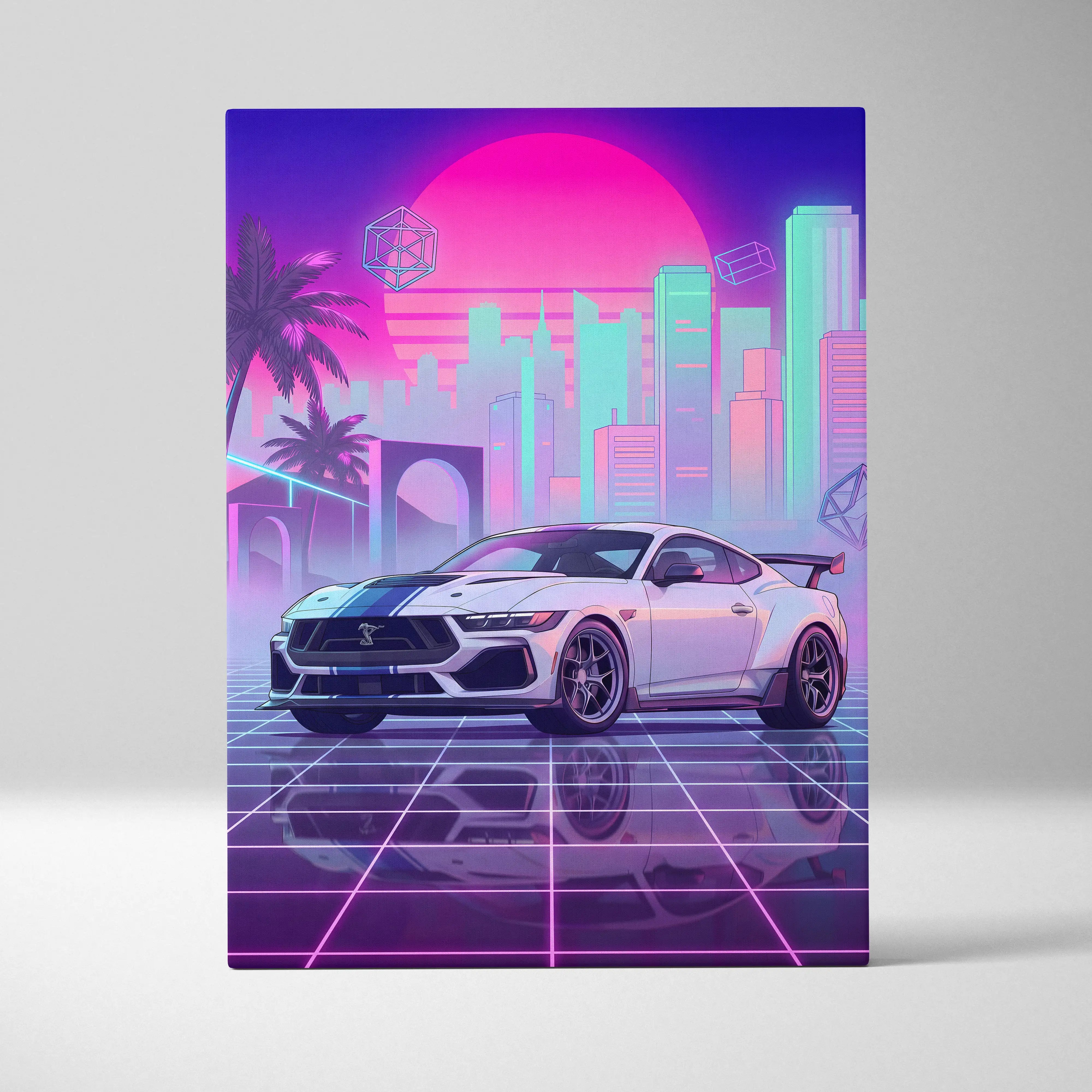 Ford Mustang Darkhouse Supersnake R Inspired Neon Skyline Vaporwave Dream - Car Neon Pink Purple Living Room Nostalgic Retro Futurism Canvas