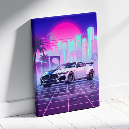 Ford Mustang Darkhouse Supersnake R Inspired Neon Skyline Vaporwave Dream - Car Neon Pink Purple Living Room Nostalgic Retro Futurism Canvas