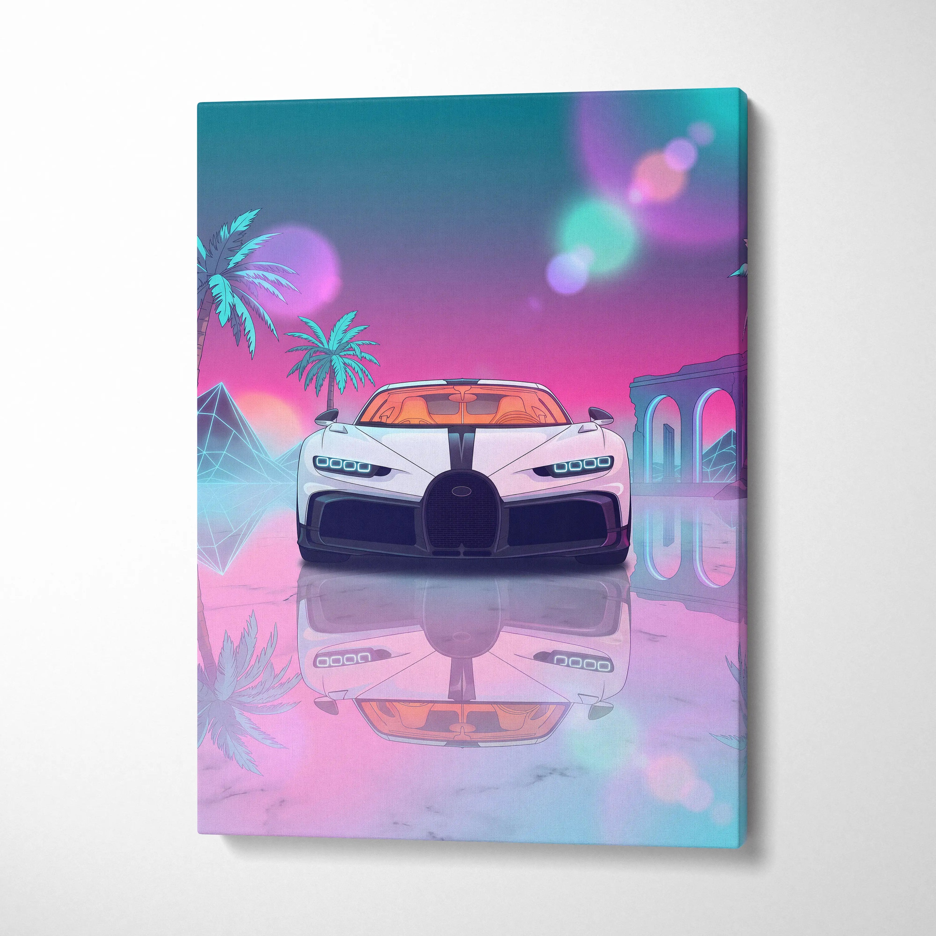Bugatti Chiron Inspired Vaporwave Neon Night Drive Canvas - Car Art Neon Pink Blue Living Room Vaporwave Mood Neon Retro Futurism Wall Art Canvas