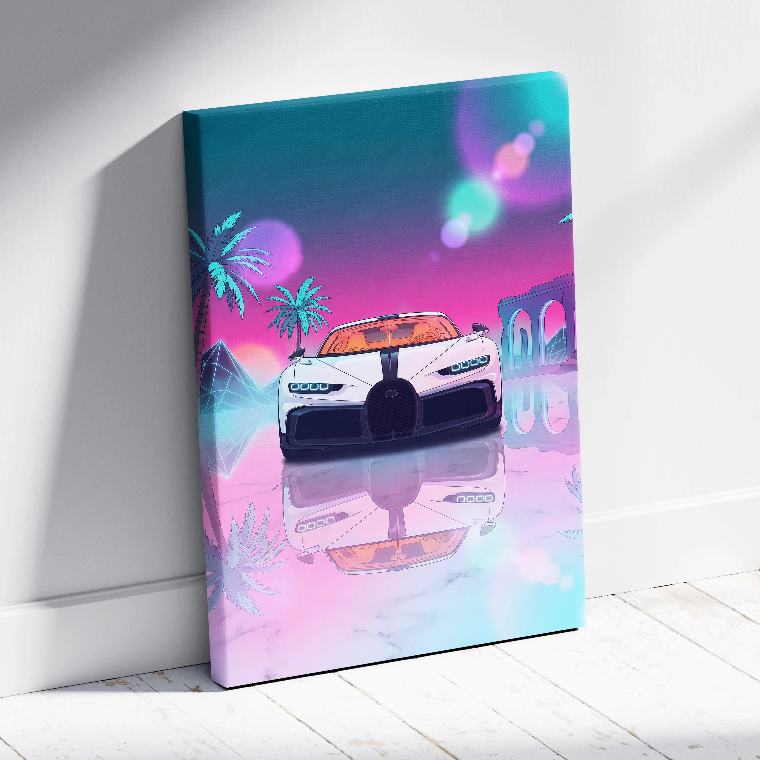 Bugatti Chiron Inspired Vaporwave Neon Night Drive Canvas - Car Art Neon Pink Blue Living Room Vaporwave Mood Neon Retro Futurism Wall Art Canvas
