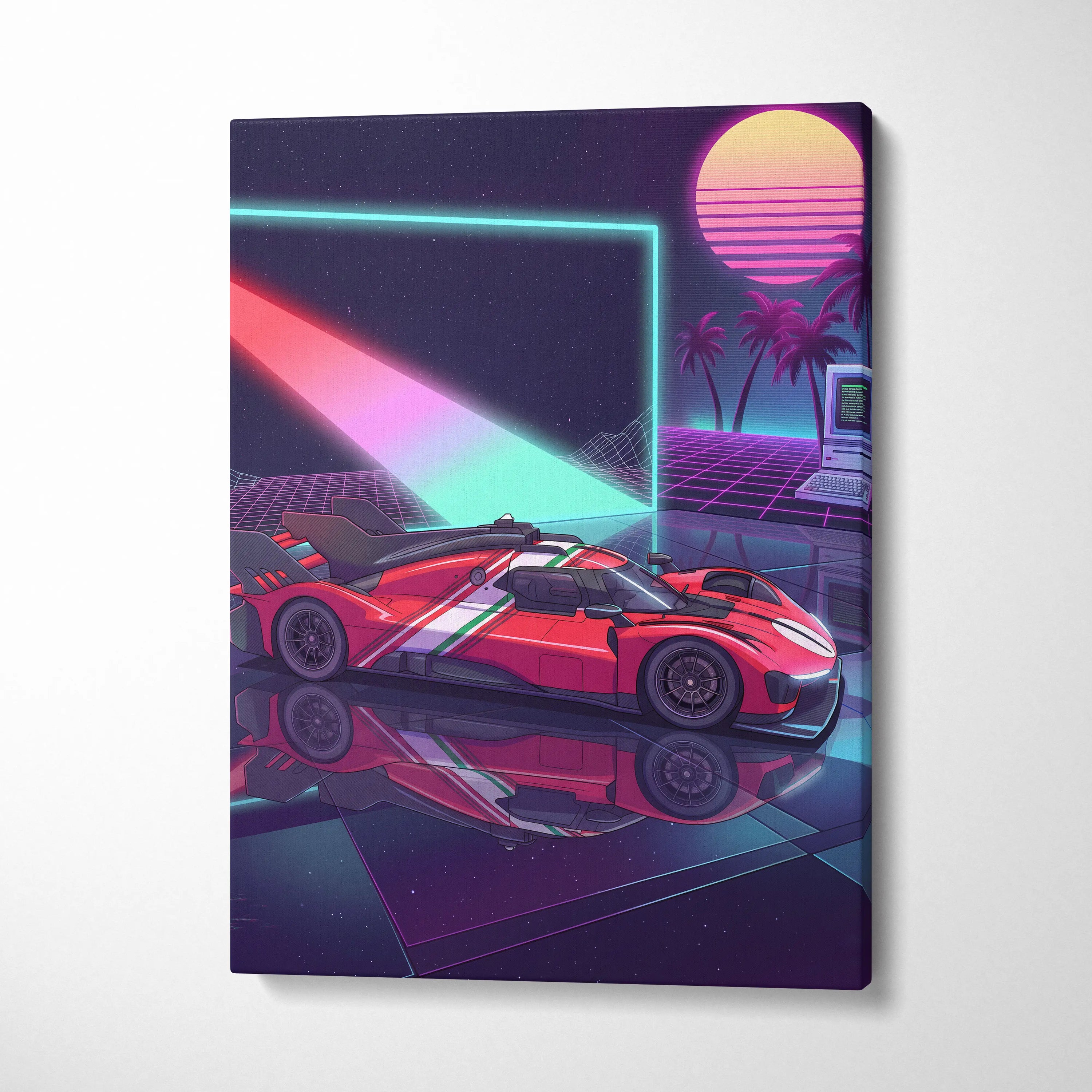 Ferrari 499P Inspired Vaporwave Neon Sunset Canvas - Car Art Neon Pink Teal Purple Living Room Vaporwave