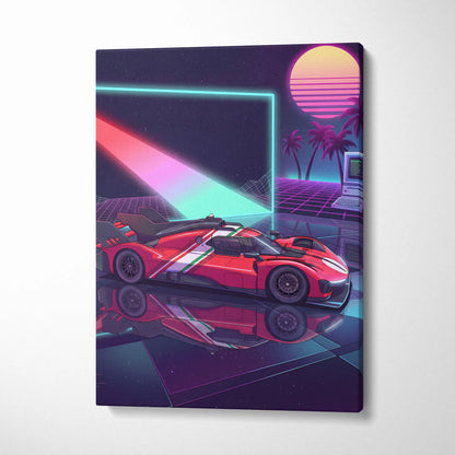 Ferrari 499P Inspired Vaporwave Neon Sunset Canvas - Car Art Neon Pink Teal Purple Living Room Vaporwave